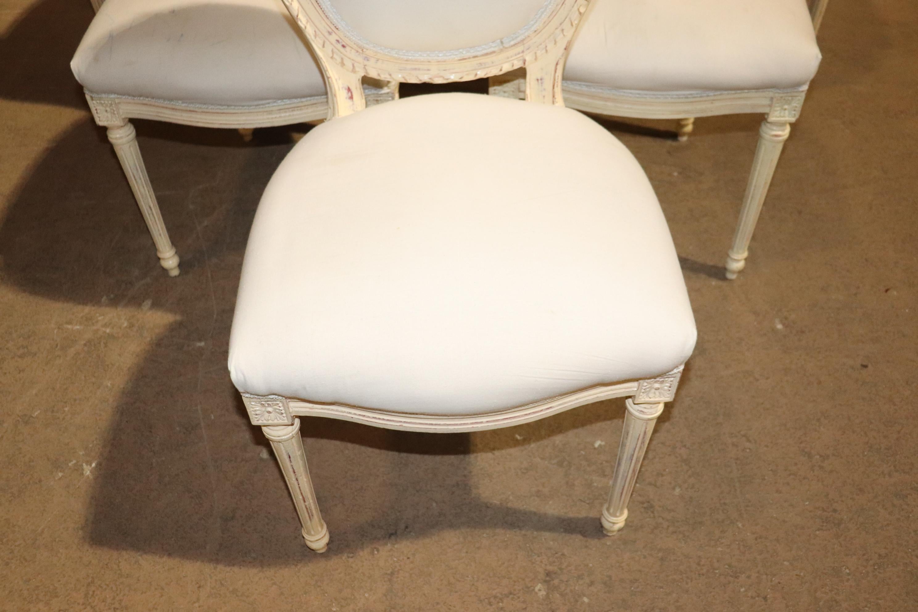 Fine Set of French Creme Painted Louis XVI Cameo Back Carved Dining Chairs 2