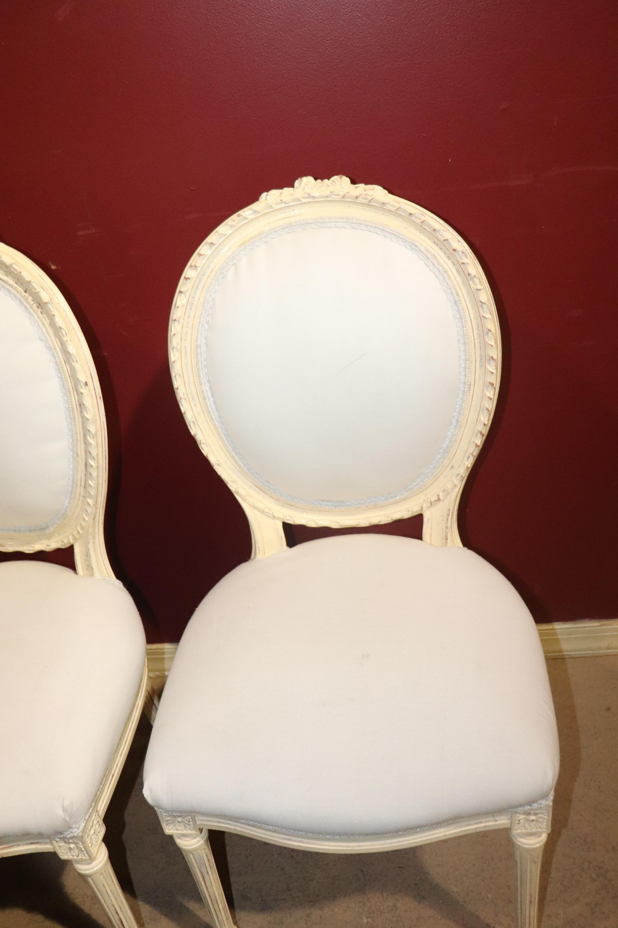 Fine Set of French Creme Painted Louis XVI Cameo Back Carved Dining Chairs 4