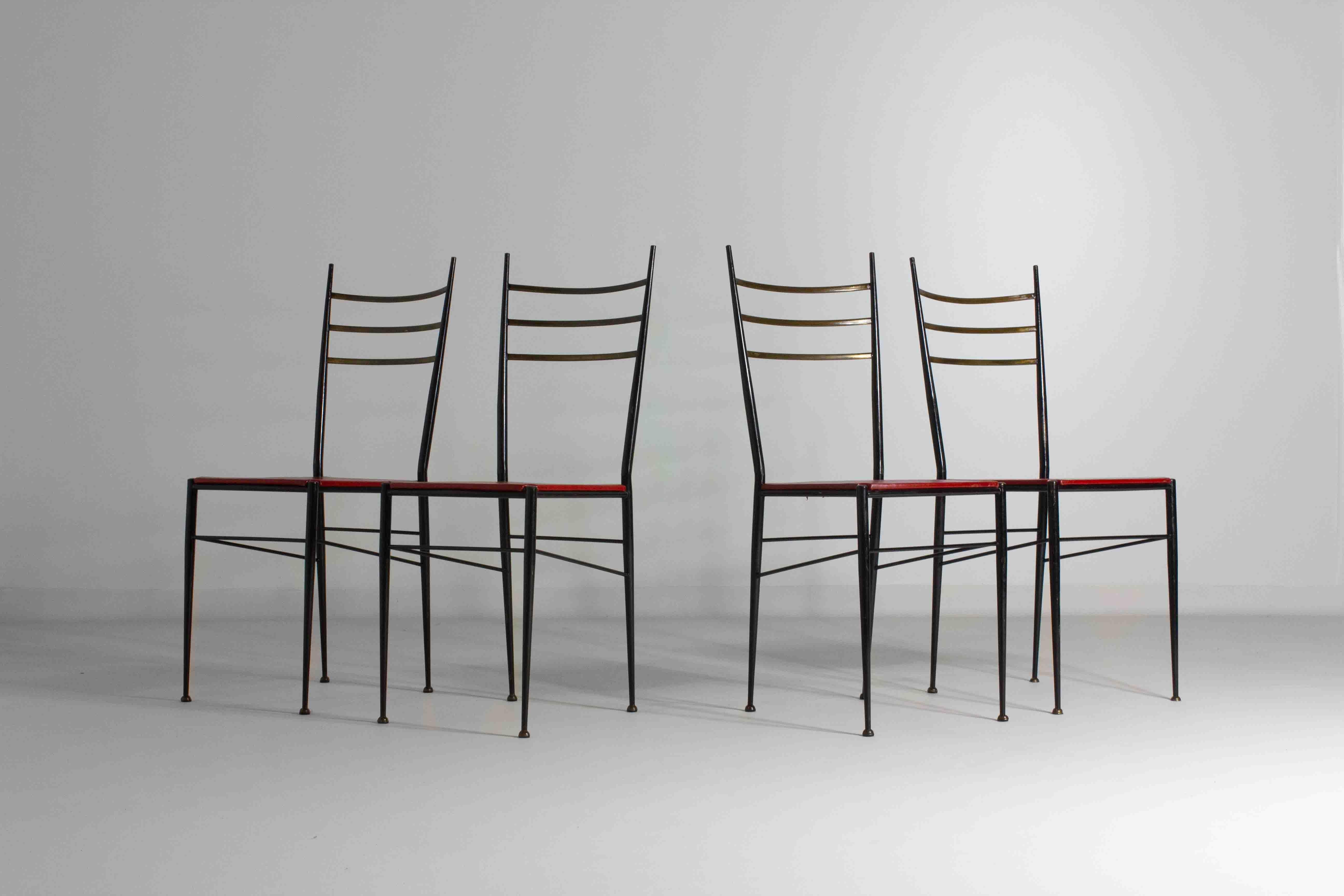 Mid-Century Modern Fine set of metal dining chairs with red leather seating, Italy 1970s For Sale