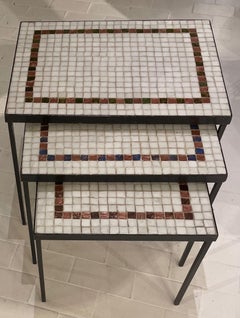 Fine Set of Mosaic and Black Iron Nesting Tables France 1950
