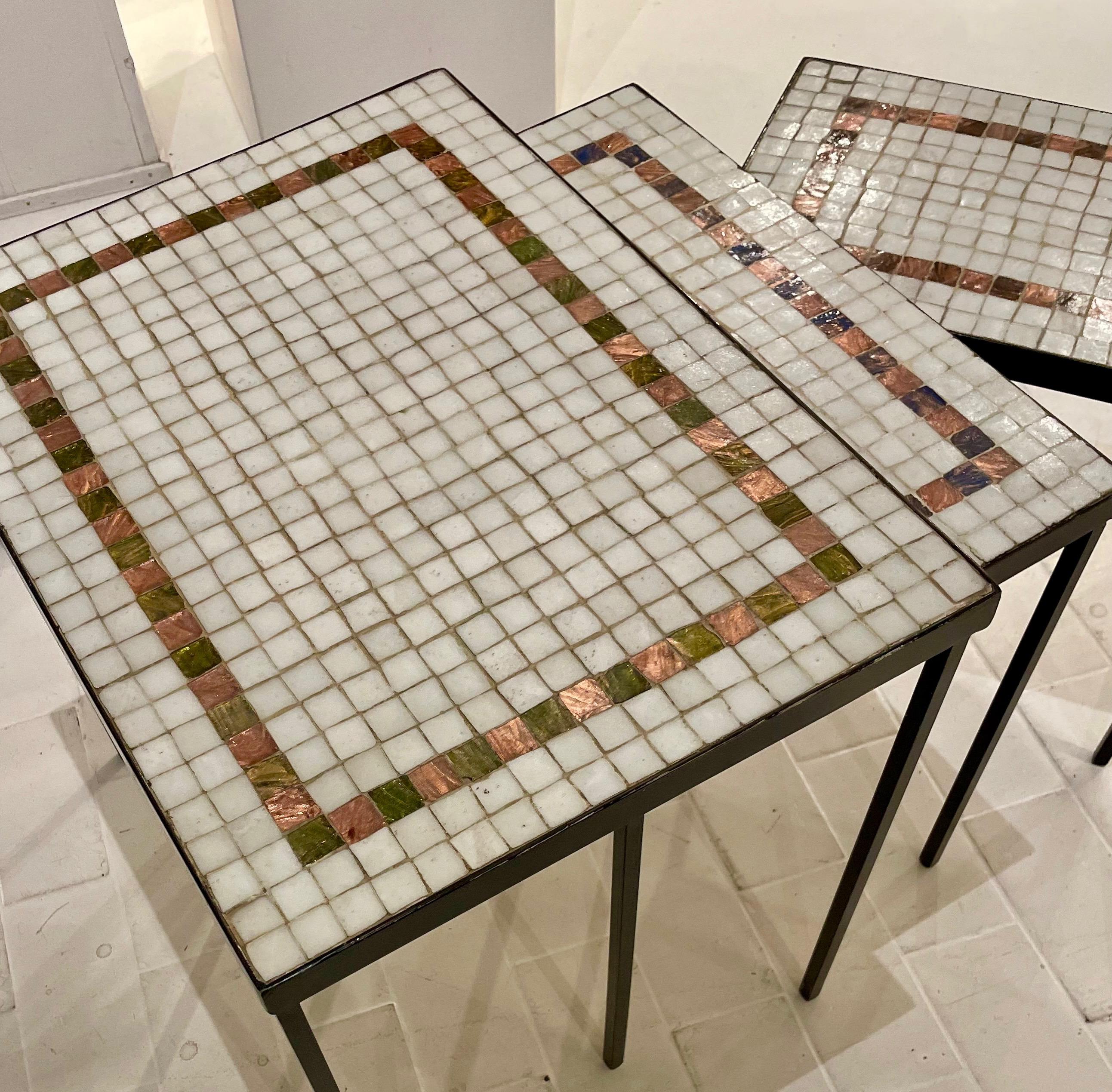 French Fine Set of Mosaic and Black Iron Nesting Tables France 1950 For Sale
