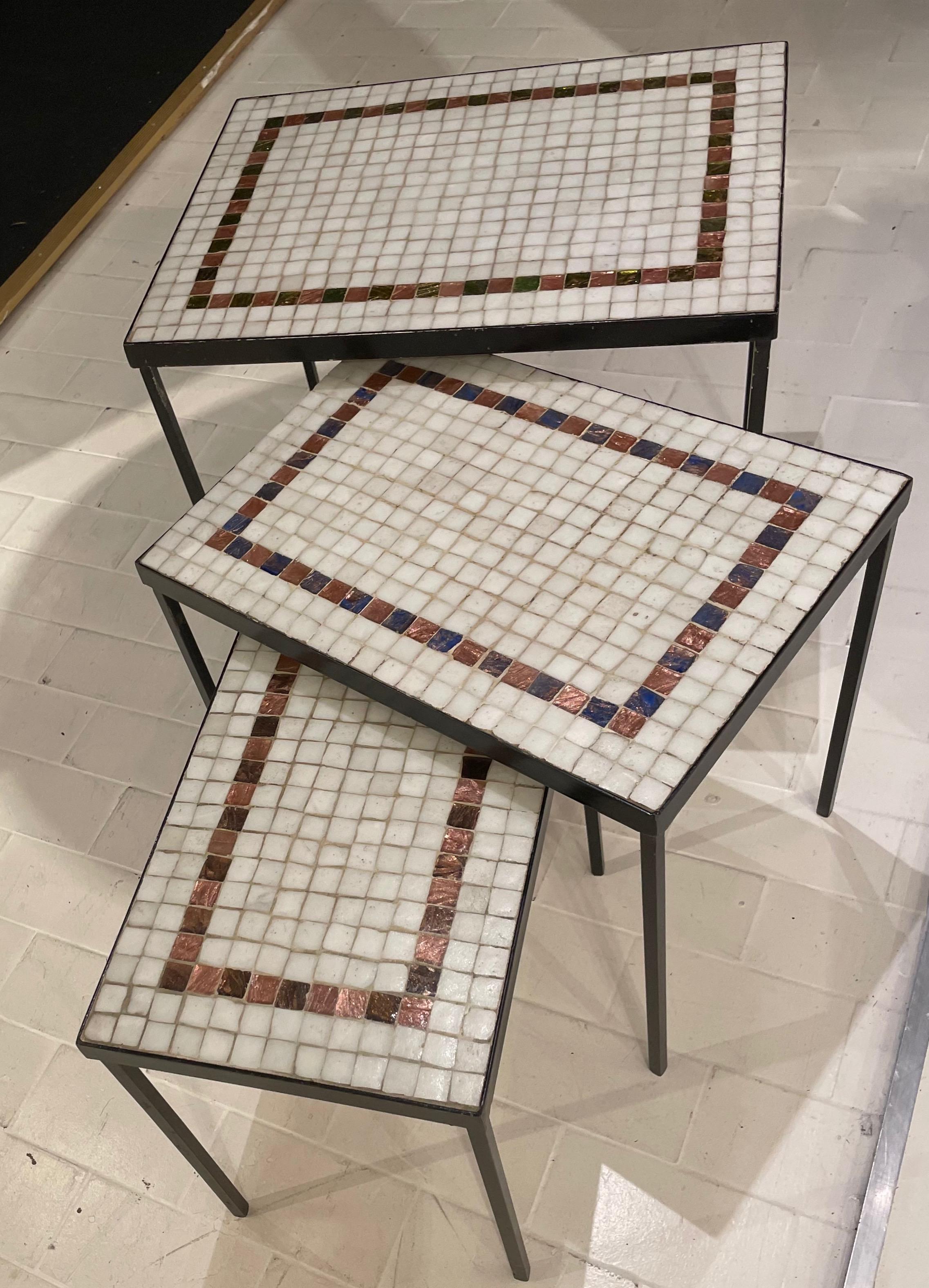 20th Century Fine Set of Mosaic and Black Iron Nesting Tables France 1950 For Sale