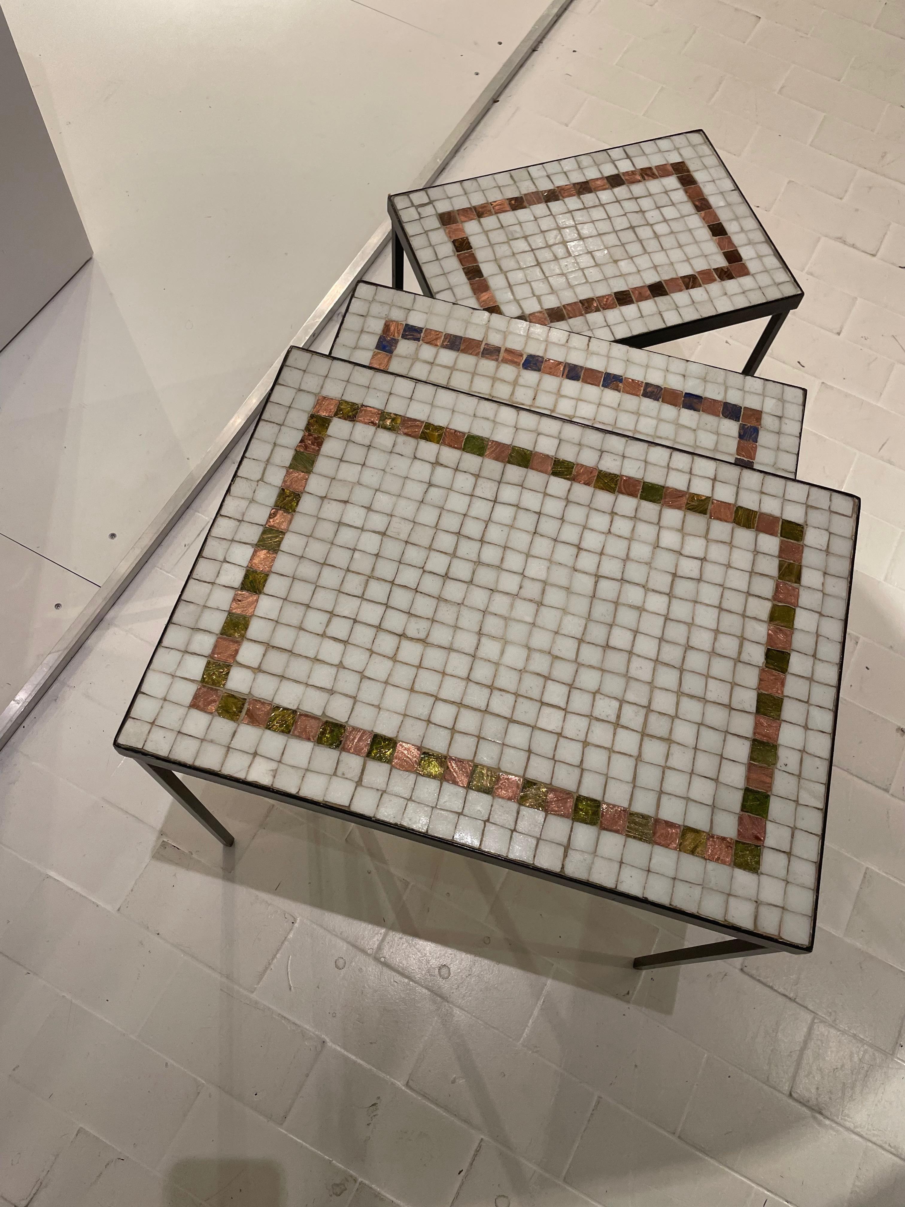 Art Glass Fine Set of Mosaic and Black Iron Nesting Tables France 1950 For Sale