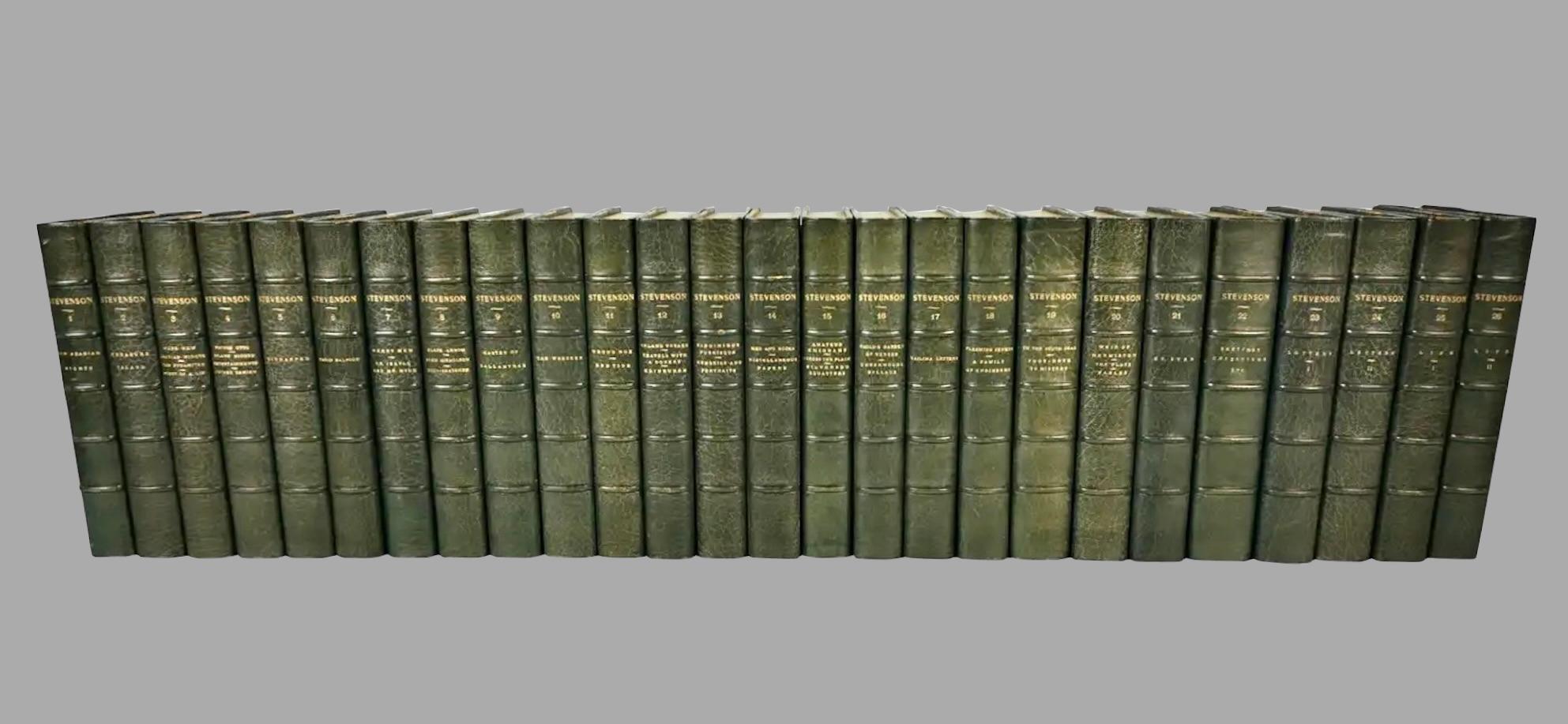 Fine Set of Robert Louis Stevenson's Works in 26 Blue Leatherbound Volumes