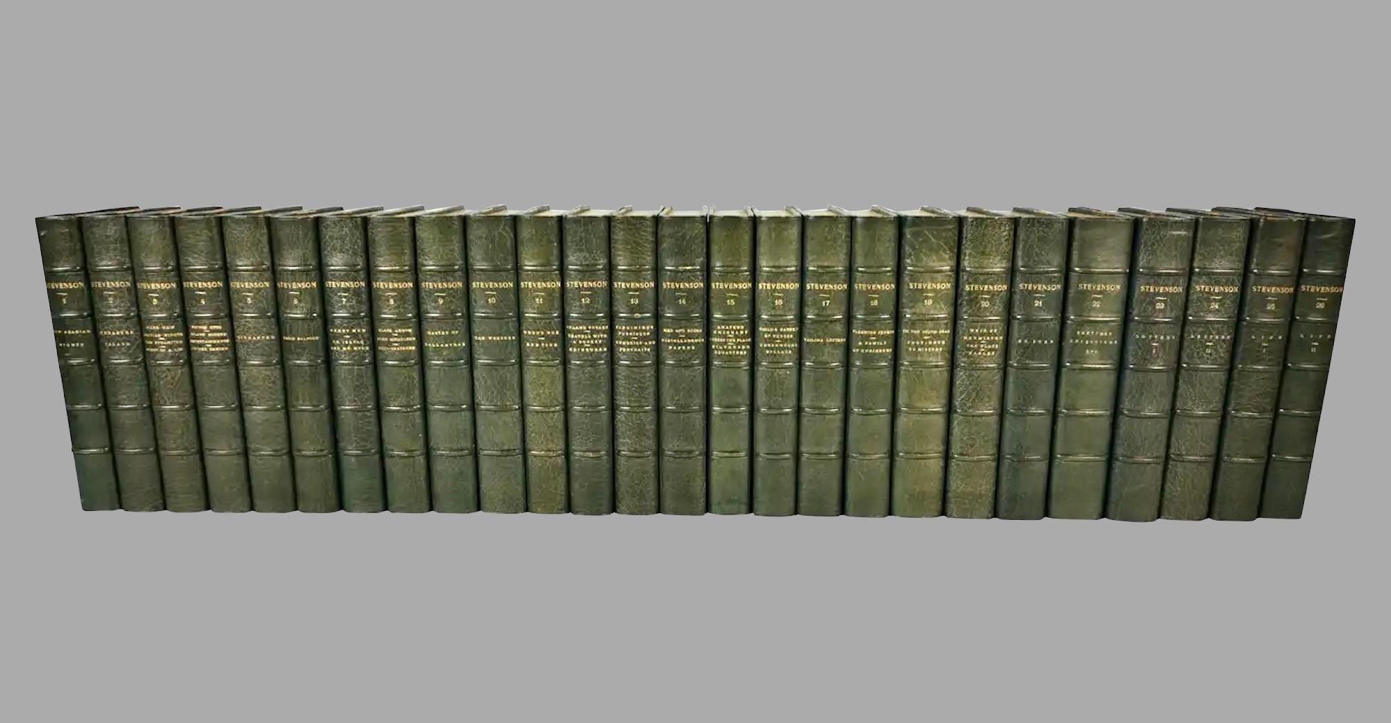 A lovely leatherbound set of the complete works of Robert Louis Stevenson (1850-1894) in 26 volumes published by Charles Scribner's Sons, New York 1902. The set is bound in 3/4 morocco leather with marbleized boards and endpapers, the spines with