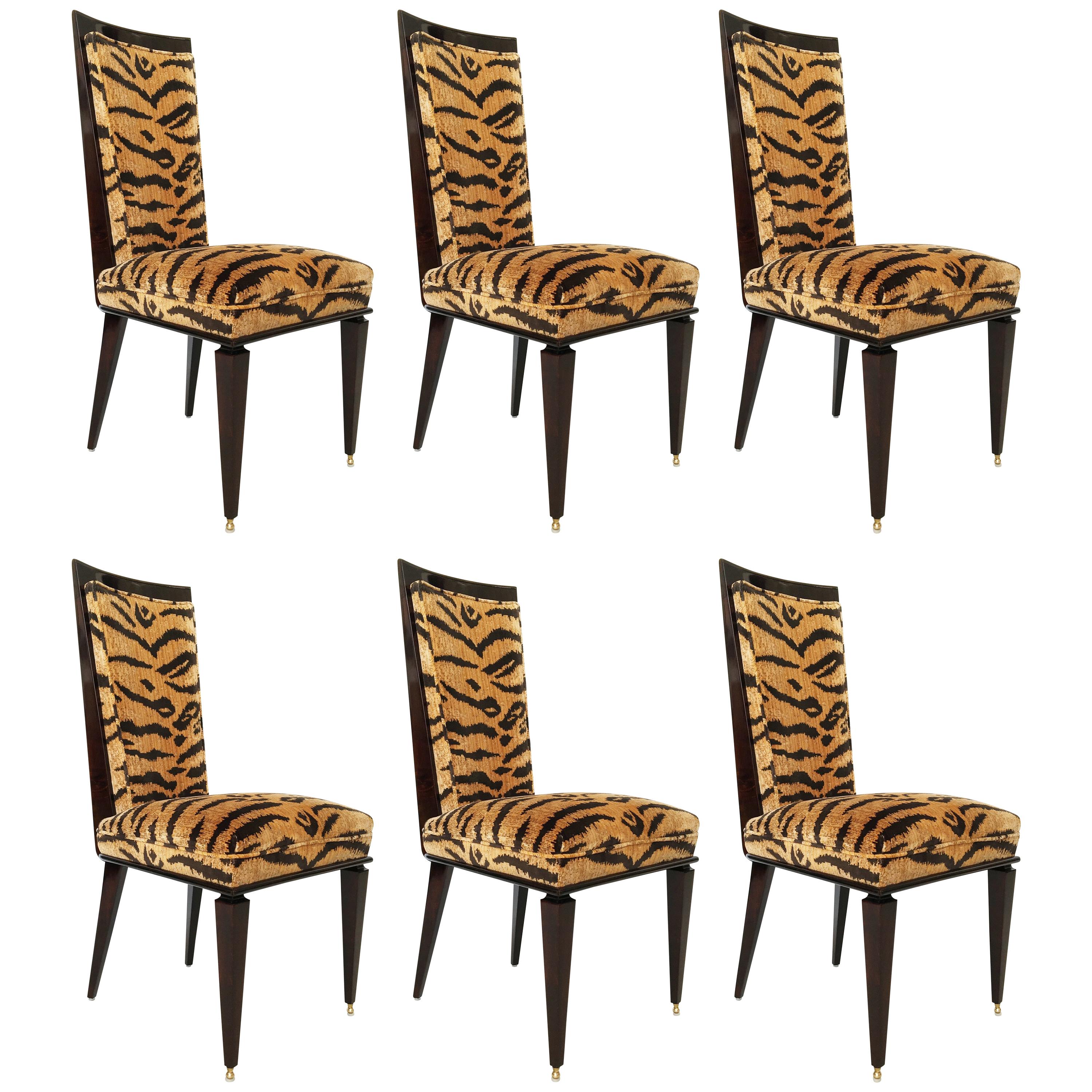 Fine Set of Six Art Deco Ebony De Macassar Dining Chairs For Sale