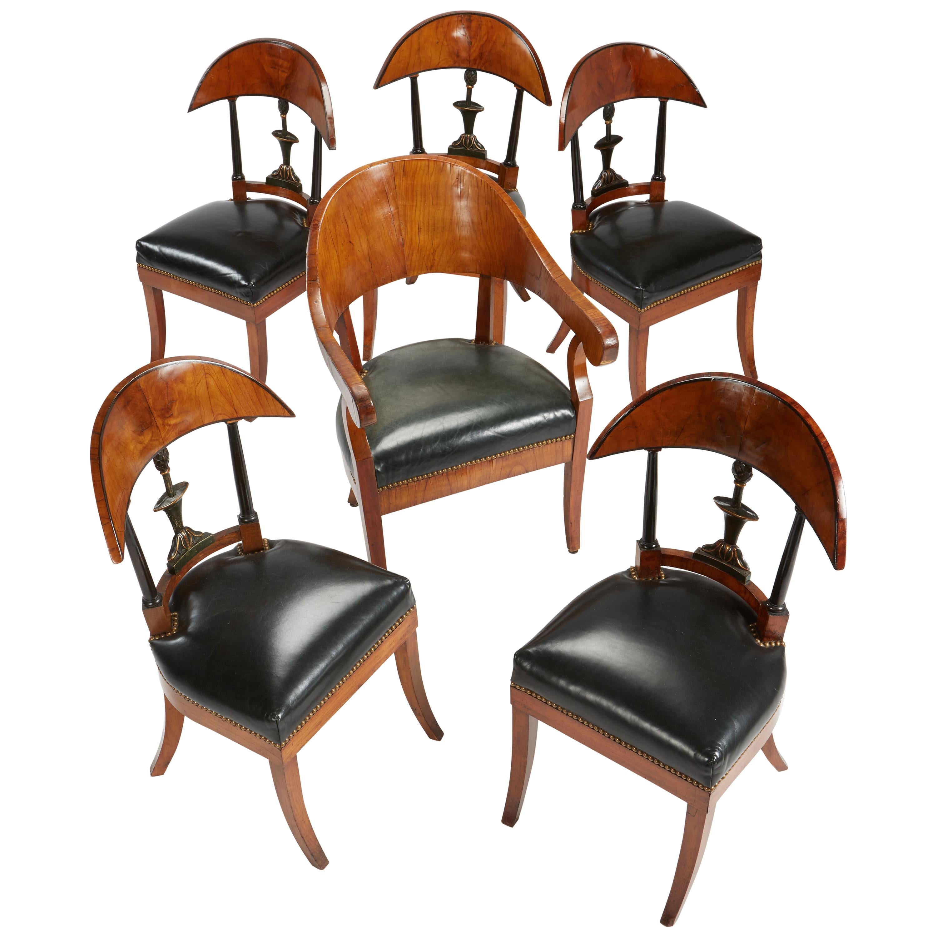 Fine Set of Six Austro-Hungarian Biedermeier Fruitwood Chairs with Leather Seats