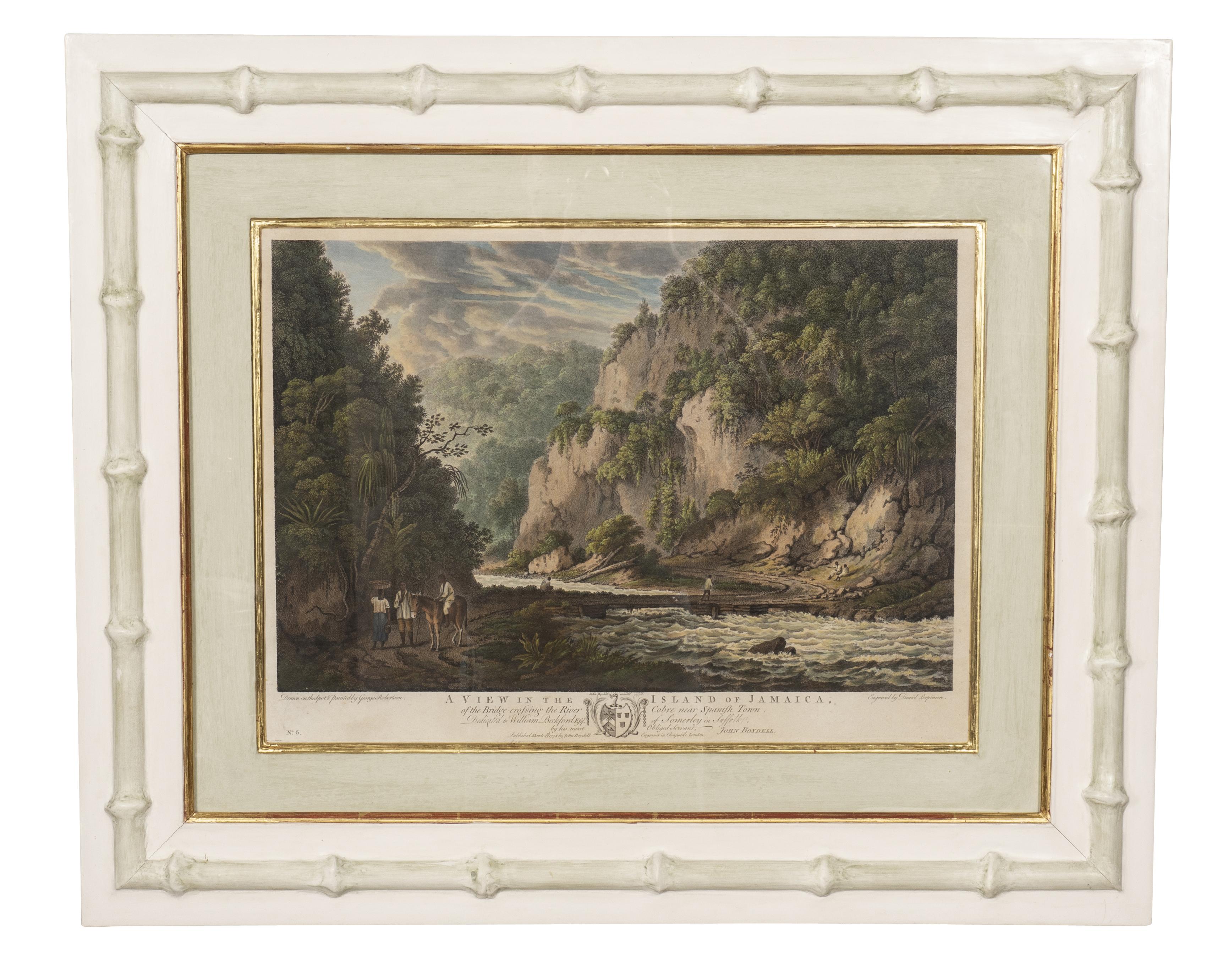 Framed in white painted faux bamboo frames with real gold leaf inner border. The hand colored engravings from the originals by George Robertson. The artist was patronized by William Beckford of Somerley Hall, Suffolk , with whom Robertson went to