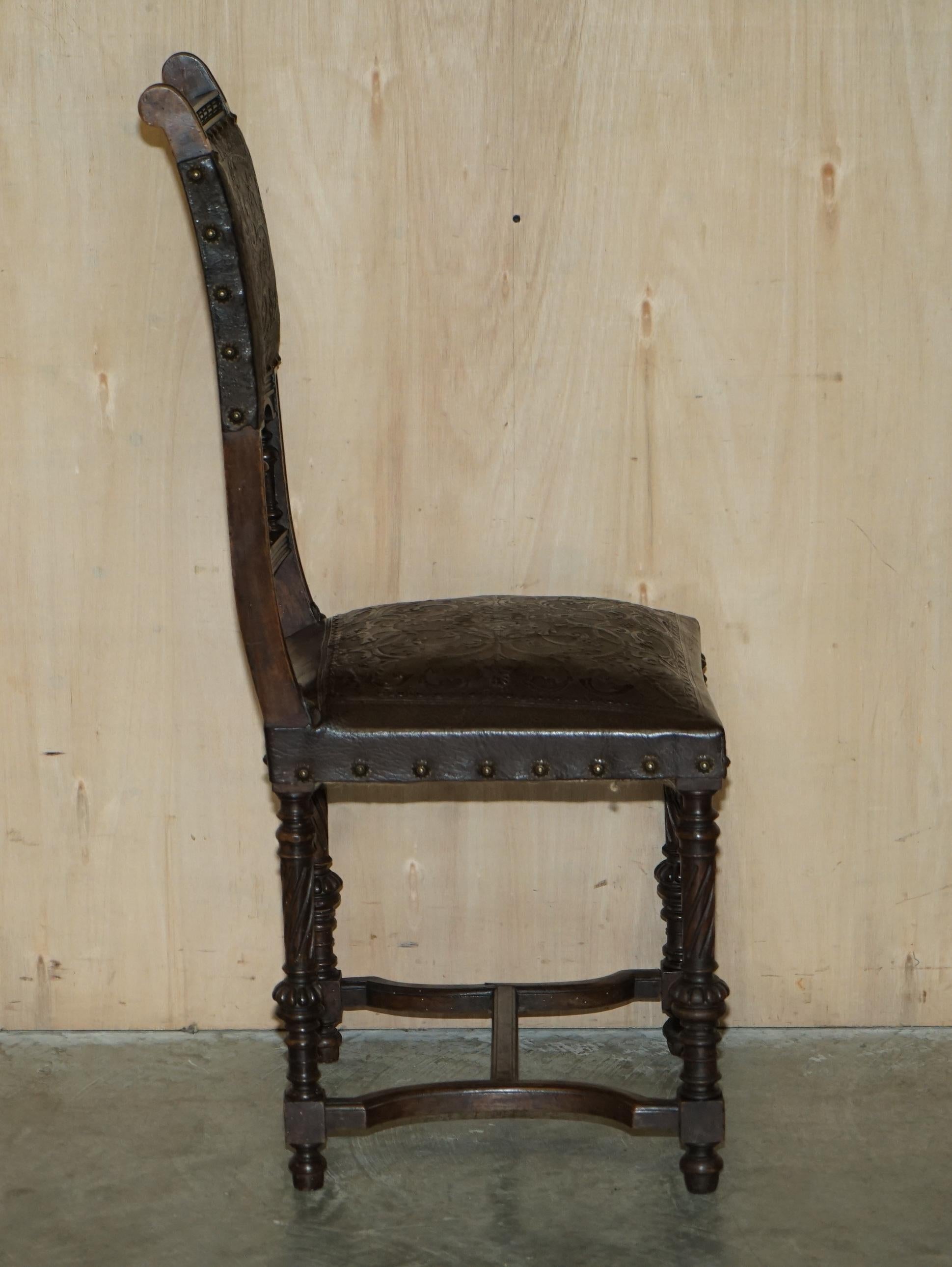Fine Set of Six Henry II circa 1880 French Oak & Embossed Leather Dining Chairs For Sale 10