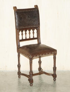 Fine Set of Six Henry II circa 1880 French Oak & Embossed Leather Dining Chairs