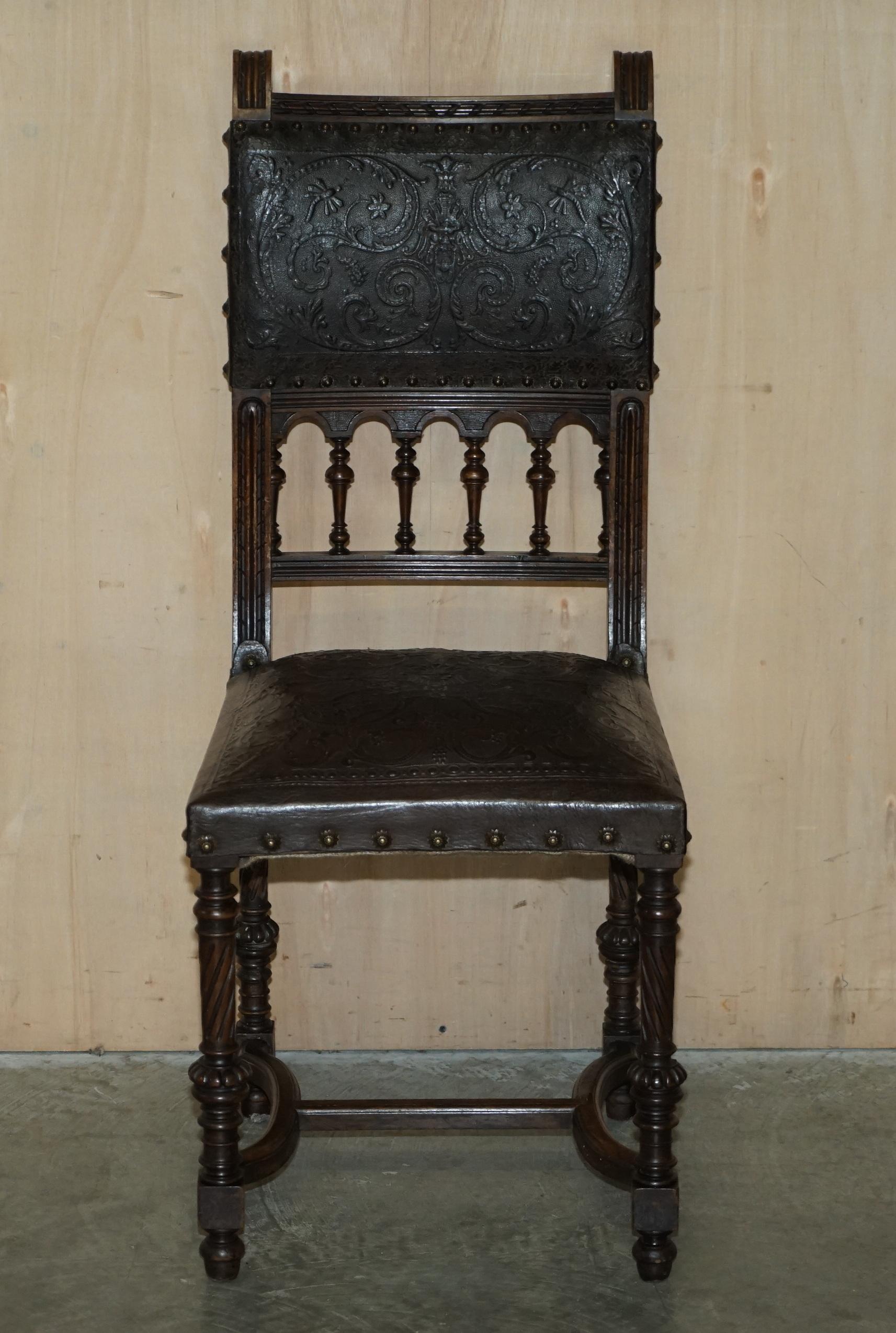 High Victorian Fine Set of Six Henry II circa 1880 French Oak & Embossed Leather Dining Chairs For Sale