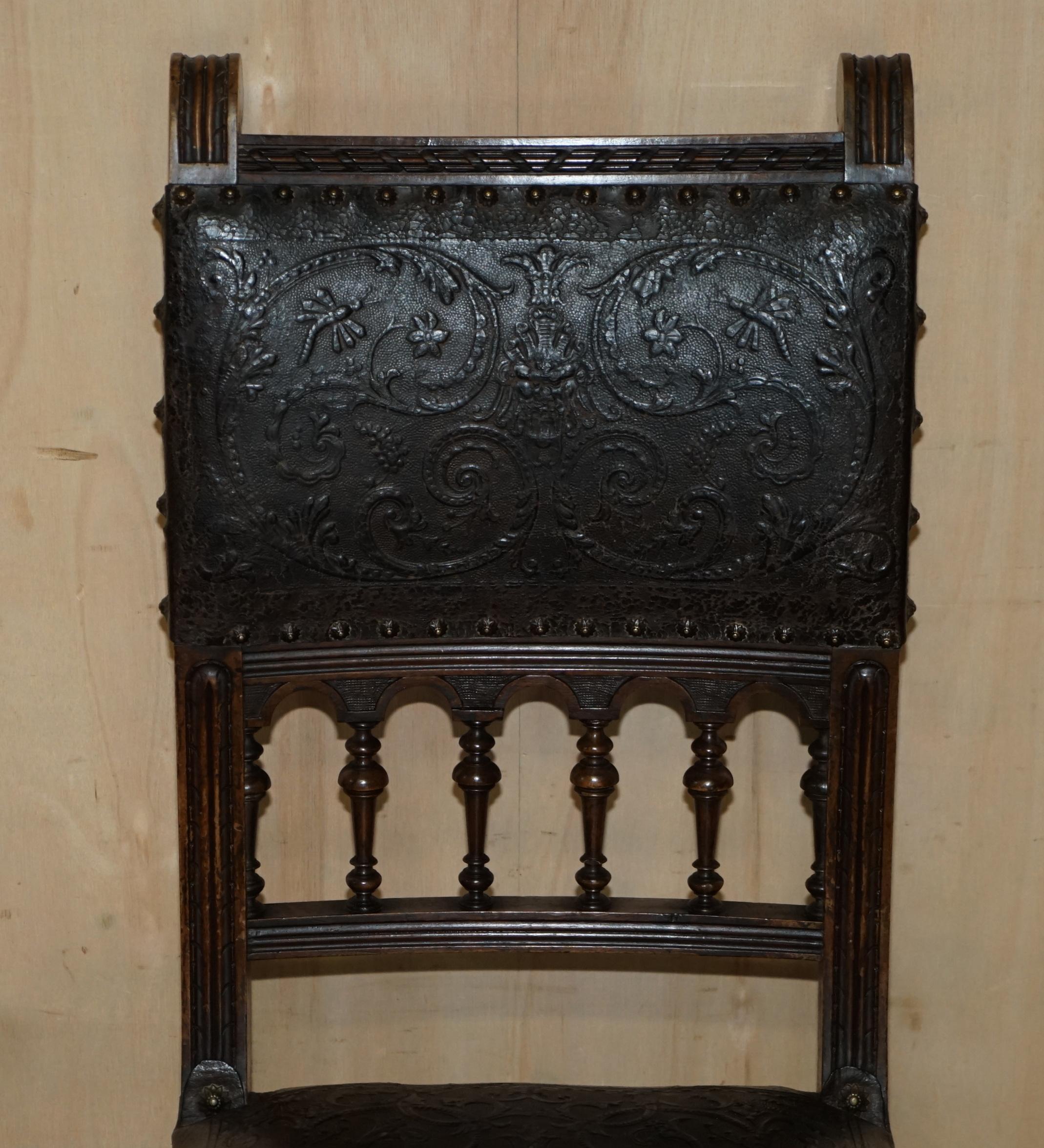 Hand-Crafted Fine Set of Six Henry II circa 1880 French Oak & Embossed Leather Dining Chairs For Sale