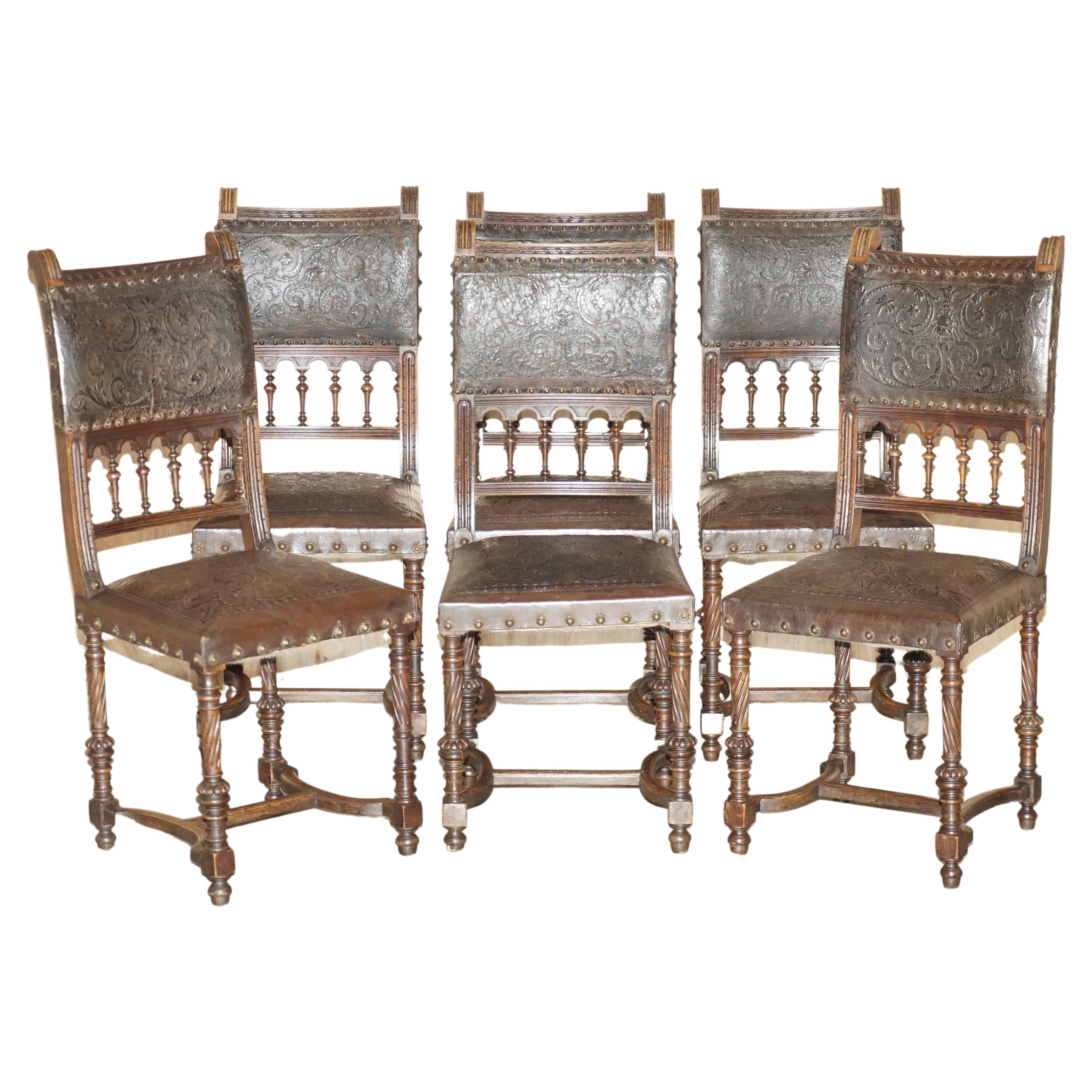 Fine Set of Six Henry II circa 1880 French Oak & Embossed Leather Dining Chairs For Sale