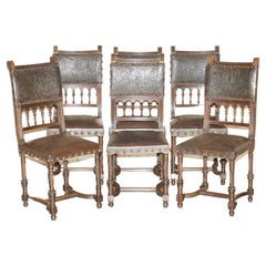 Fine Set of Six Henry II circa 1880 French Oak & Embossed Leather Dining Chairs