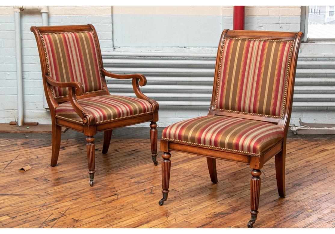 A fine set of very well-made Neoclassical Style Dining or Office Chairs each having good size and comfort. Two armchairs and eight side chairs. Fine quality medium Fruitwood tone Neoclassical style wood frames upholstered in an olive, red and