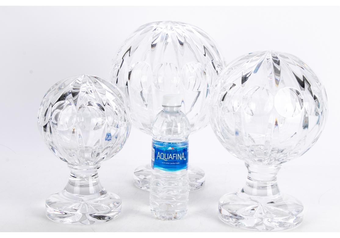 Hollywood Regency Fine Set Of Three Graduated Cut Crystal Globes On Pedestal Bases For Sale