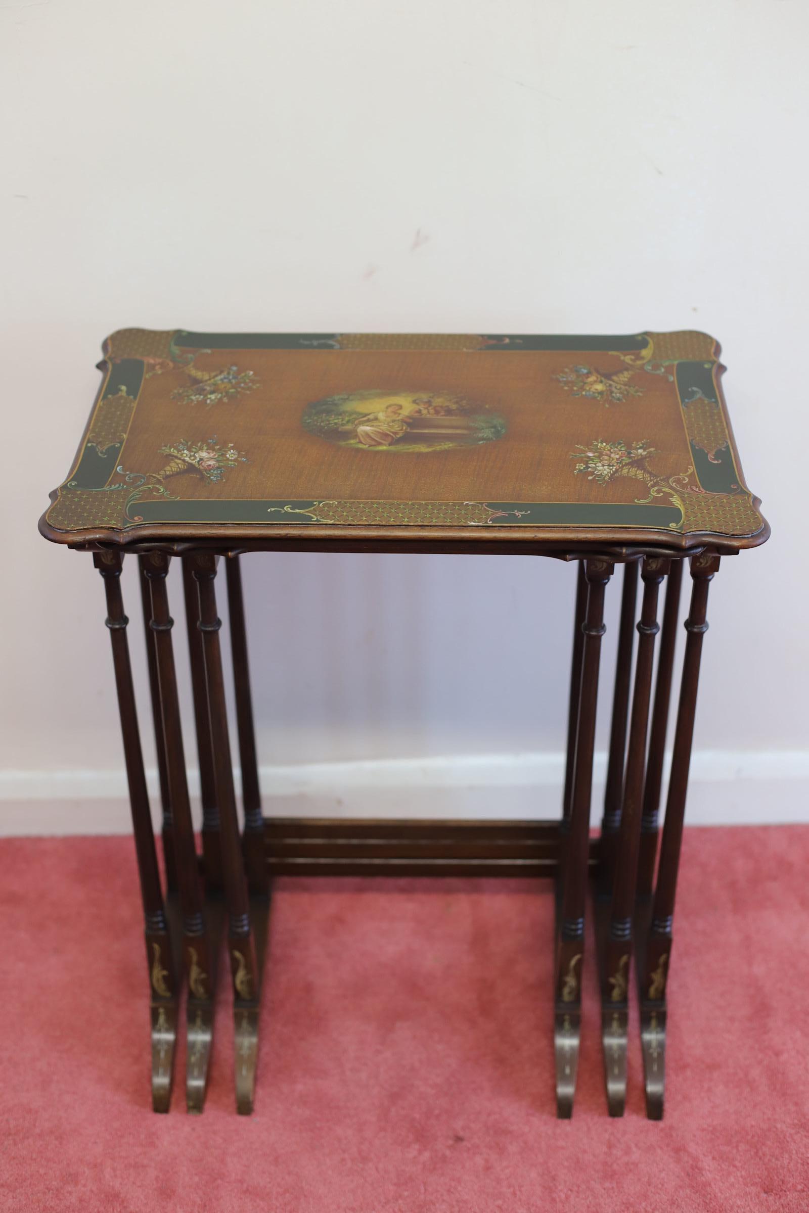 Late Victorian Fine Set Of Three Victorian Mahogany  Hand Painted Nest Of Tables For Sale