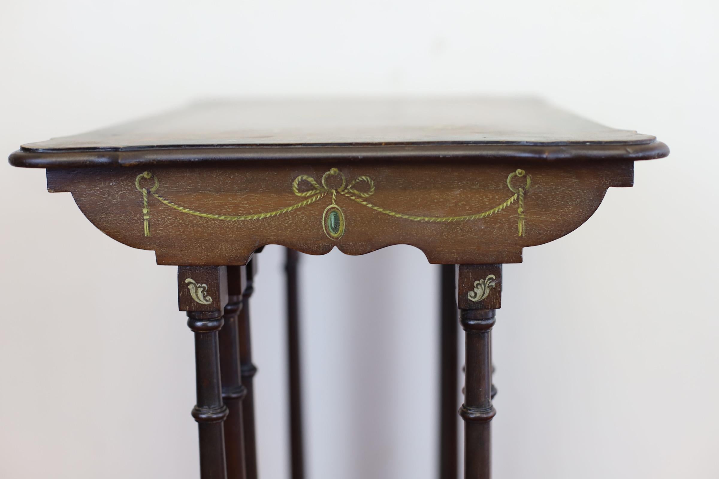 Hand-Painted Fine Set Of Three Victorian Mahogany  Hand Painted Nest Of Tables For Sale