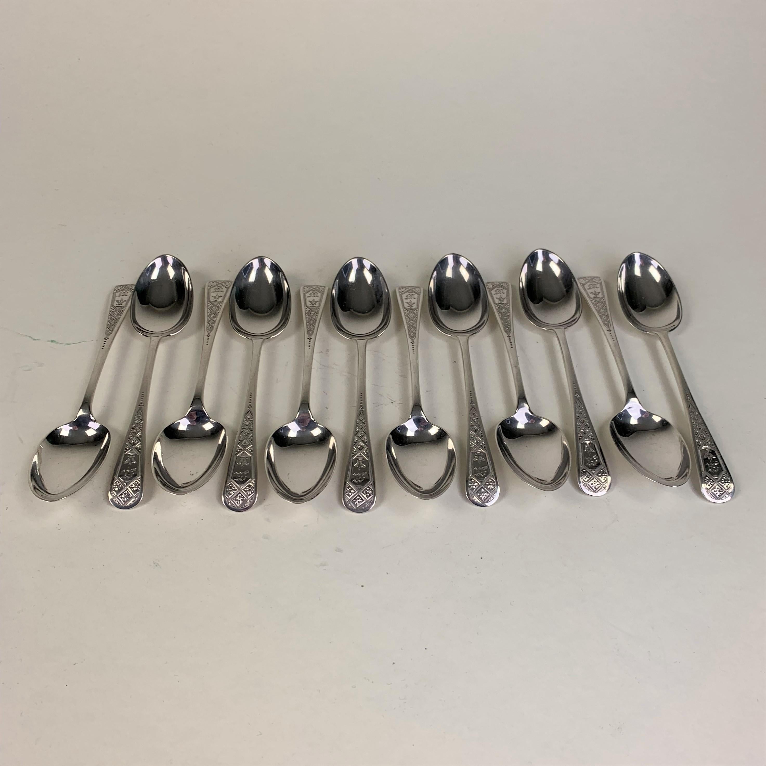 Set of twelve bright-cut silver teaspoons by Josiah Williams & Co. (George Maudsley Jackson), London 1892. All in excellent condition with almost no wear or damage.
Each engraved with the letter 'M'.
Total weight 266 grams. Each spoon is 14cms