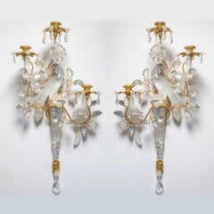 Fine Set of Two Baguès-Style Gilt Bronze Carved in Rock Crystal Wall Sconces