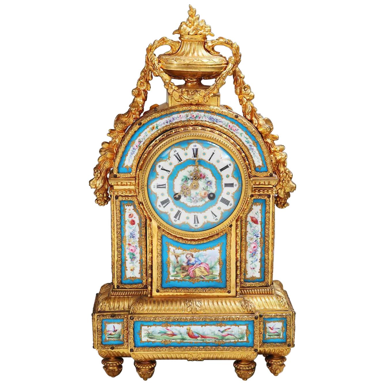 Fine Sevres Porcelain Blue Celeste and Ormolu Mounted Mantel Clock