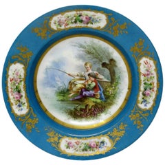 Antique Fine Sevres Style Hand Painted Celeste Blue Circular Cabinet Plate or Dish