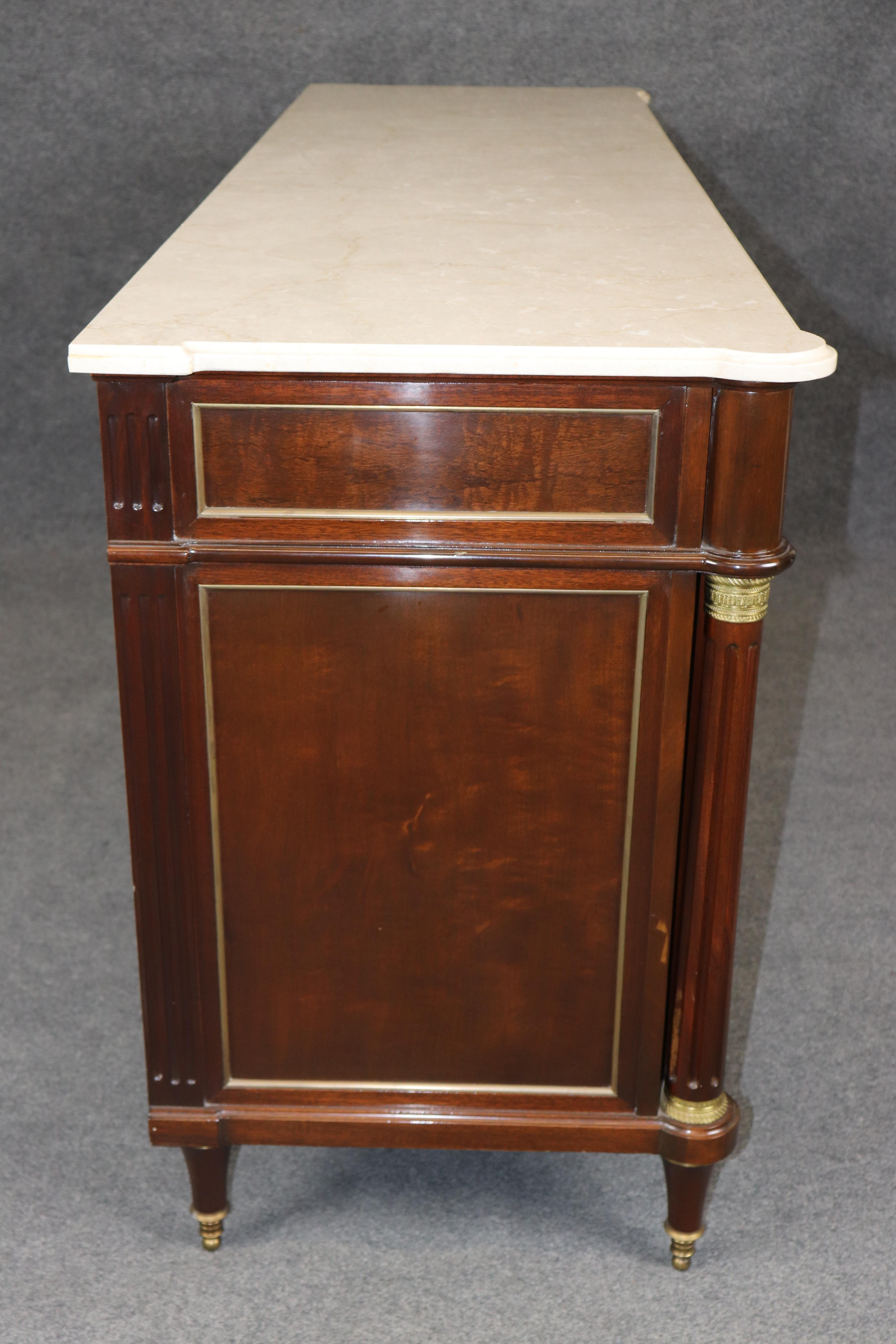 French Fine SHALLOW DEPTH Maison Jansen Style Directoire Marble Top Mahogany Sideboard For Sale