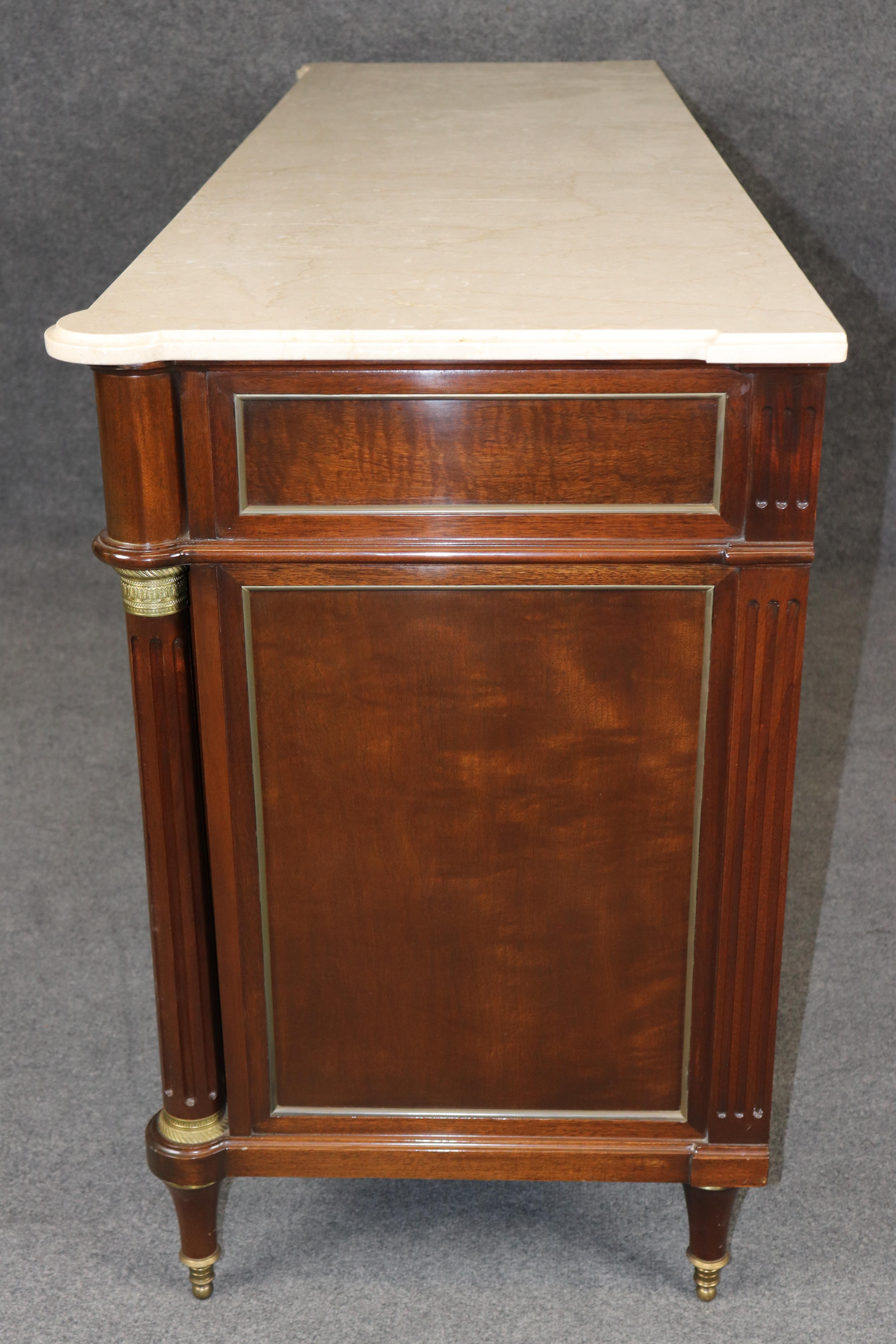 Fine SHALLOW DEPTH Maison Jansen Style Directoire Marble Top Mahogany Sideboard In Good Condition For Sale In Swedesboro, NJ