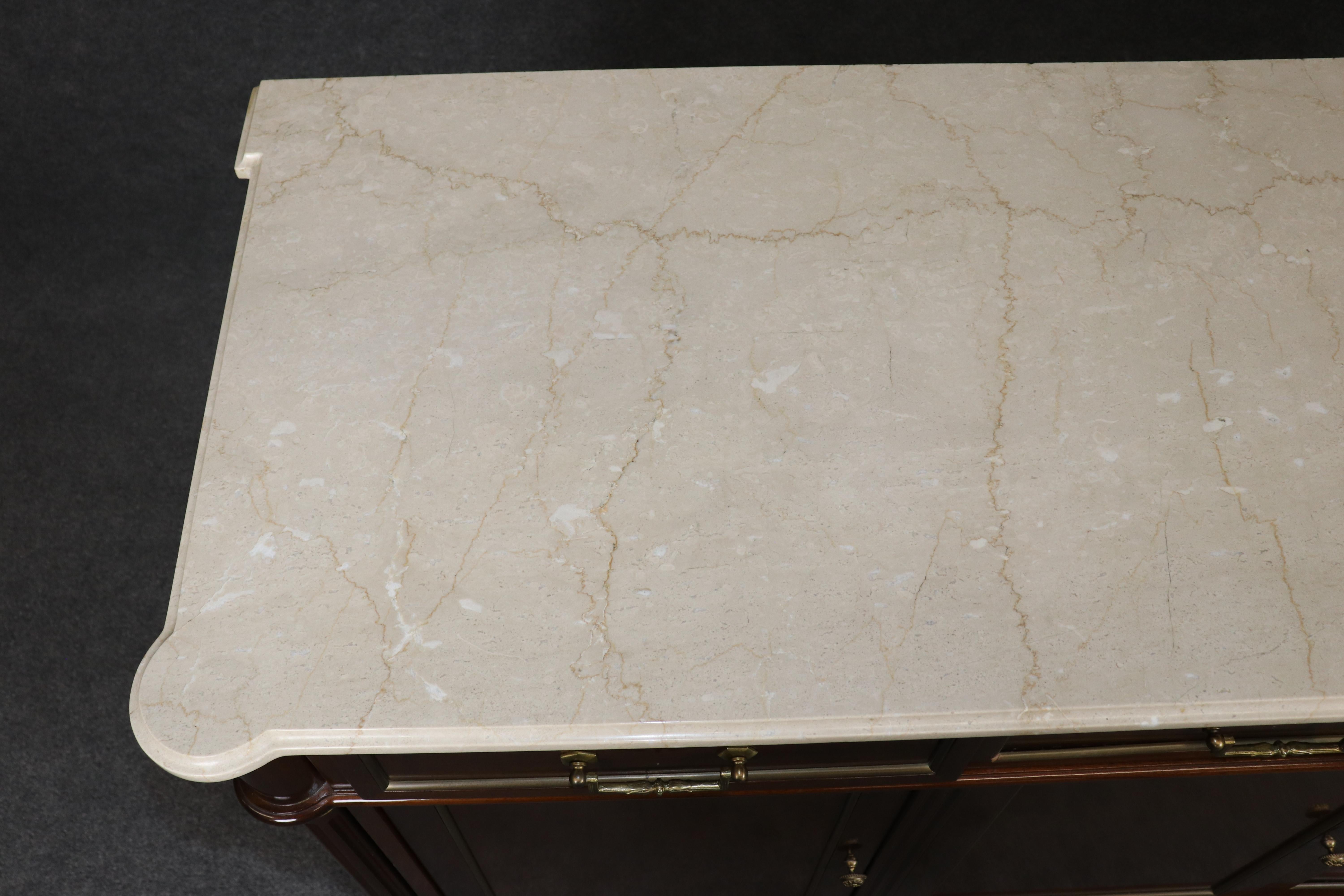 Brass Fine SHALLOW DEPTH Maison Jansen Style Directoire Marble Top Mahogany Sideboard For Sale