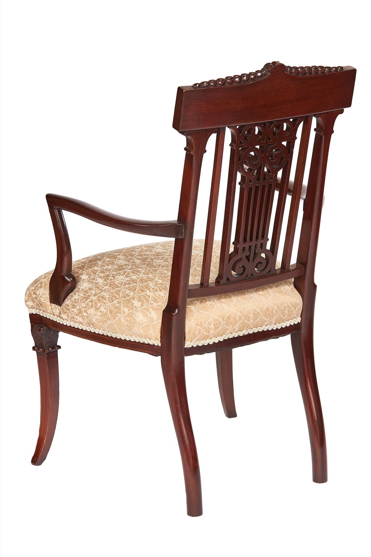 British Fine Sheraton Revival Mahogany inlaid & carved Elbow chair For Sale