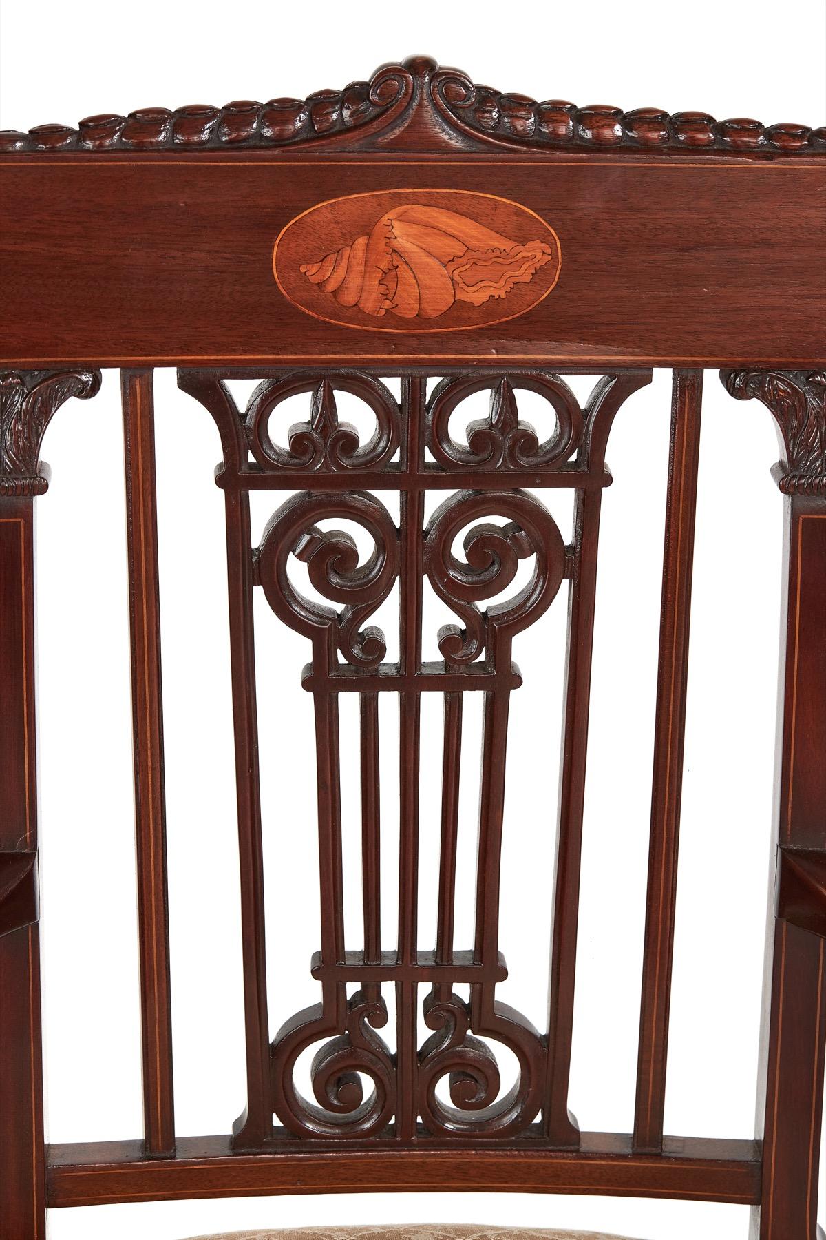 Polished Fine Sheraton Revival Mahogany inlaid & carved Elbow chair For Sale