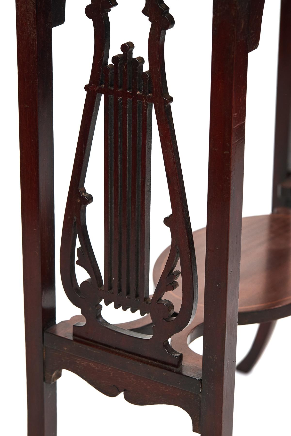 English Fine Sheraton Revival Mahogany Inlaid & carved Lyre end support table [A] For Sale