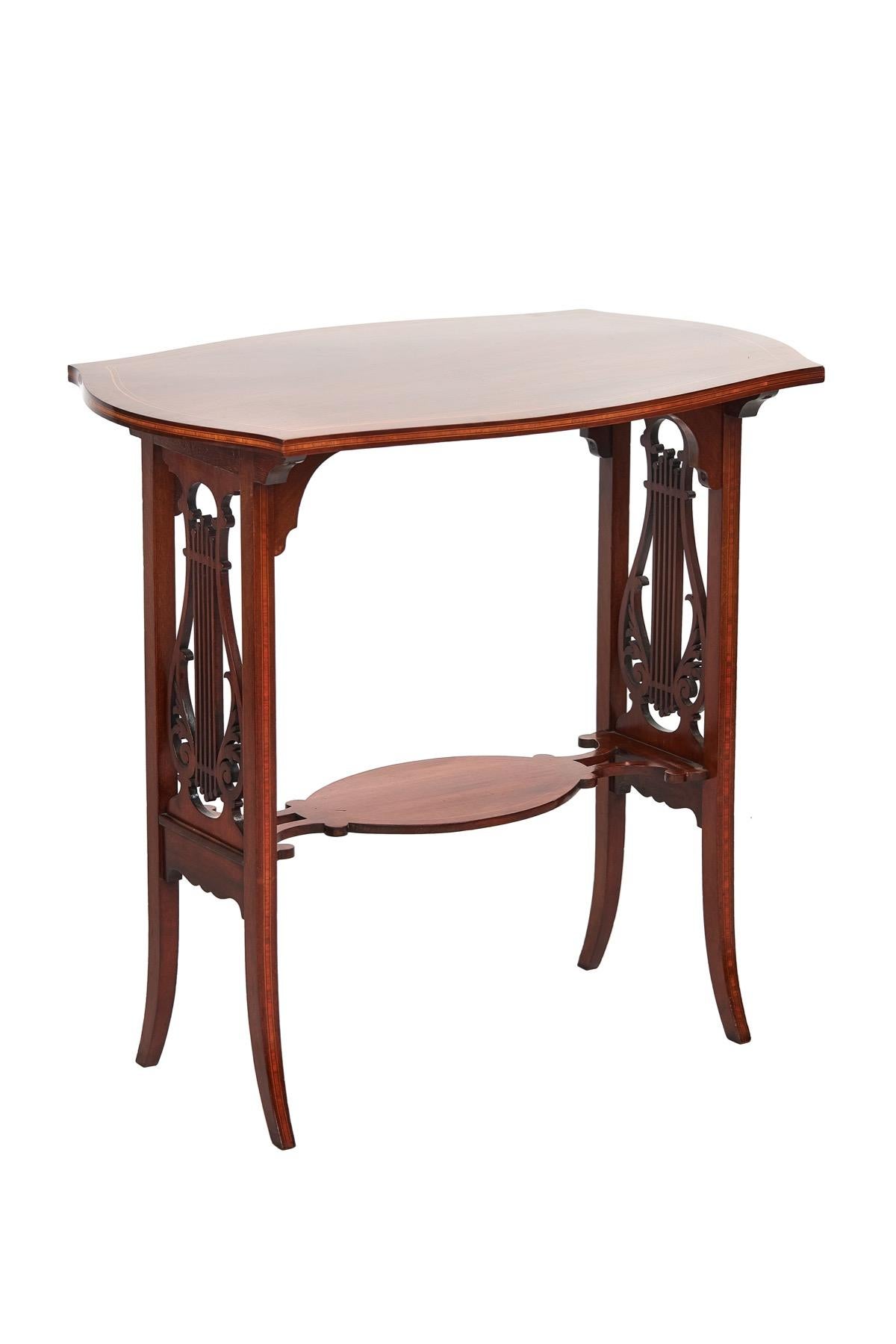 English Fine Sheraton Revival Mahogany Inlaid & carved Lyre end support table[B] For Sale