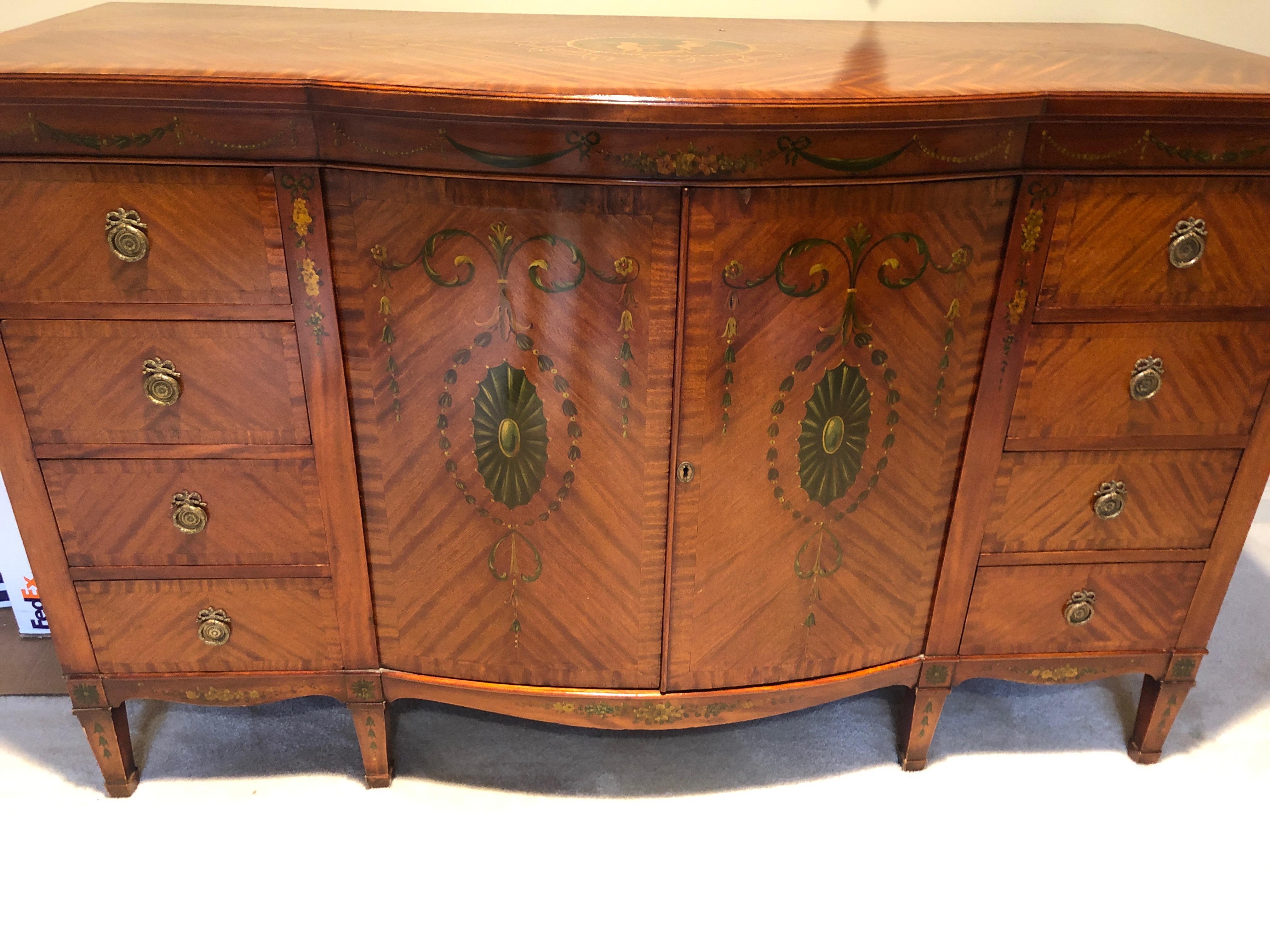 Early 20th Century Fine Sheraton Revival Satinwood Adams Style Painted Bow Front Buffet Sideboard