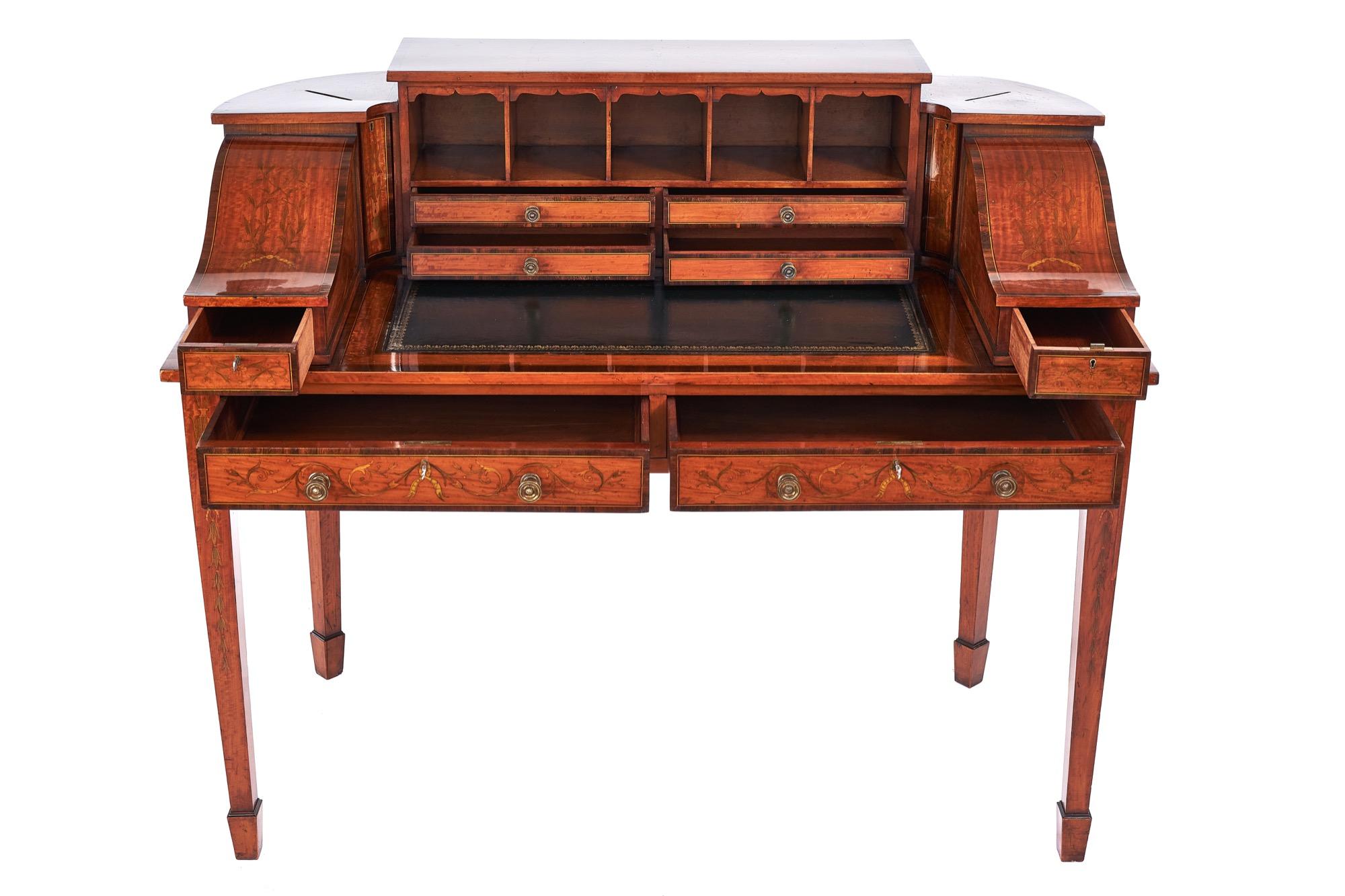 Fine Sheraton Revival Satinwood inlaid Carlton House desk. with Letter boxes. circa 1880s
Profusely inlaid with : swags, shells, urns, bell flowers & foliage decoration,
Satinwood, with Rosewood banding, boxwood line inlay, 
Curved back,
Black