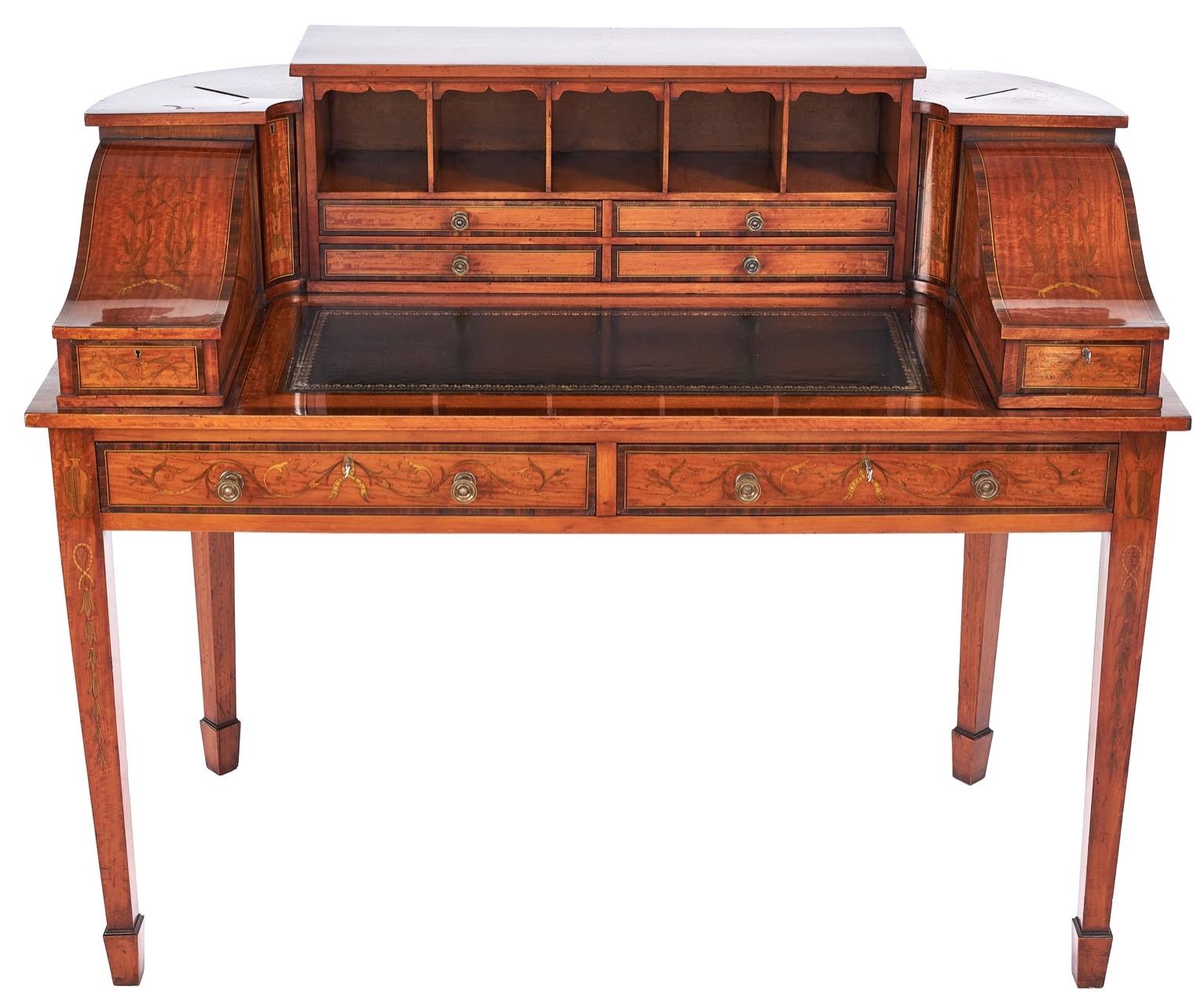 English Fine Sheraton Revival Satinwood Inlaid Carlton House Desk. with Letter Boxes, Ci For Sale