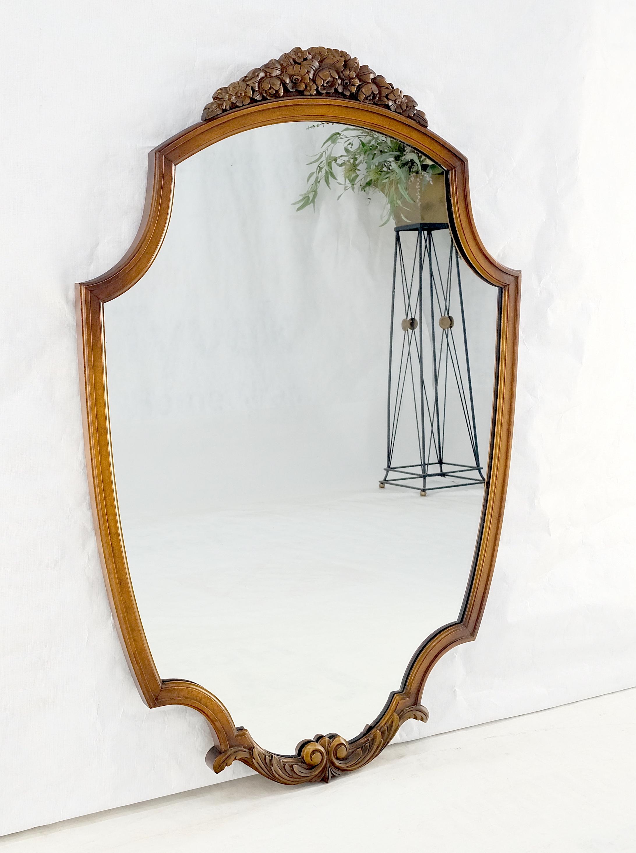 Fine Shield Shape Carved Light Walnut Mirror c1940s MINT! In Good Condition For Sale In Rockaway, NJ