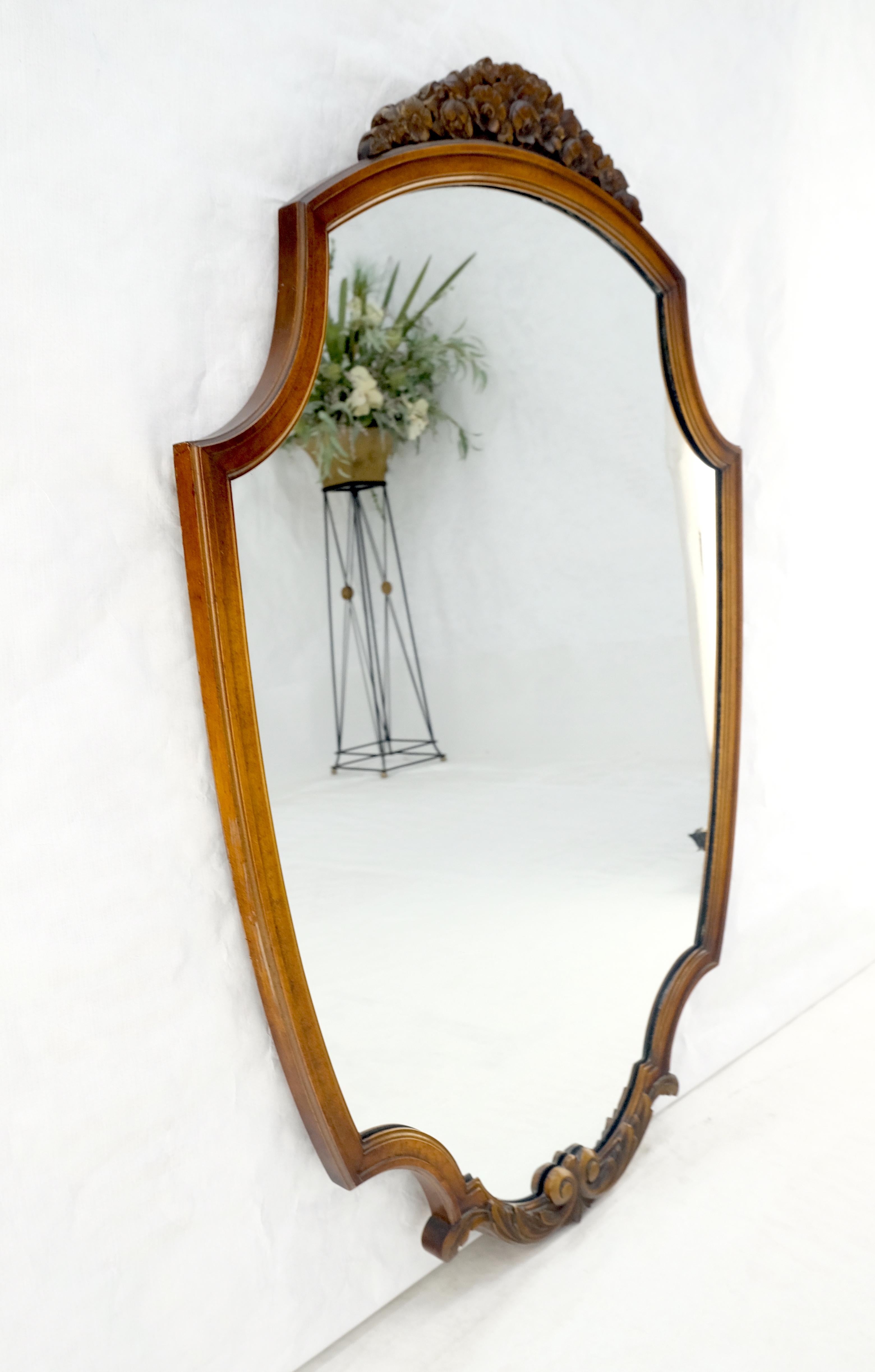 20th Century Fine Shield Shape Carved Light Walnut Mirror c1940s MINT! For Sale