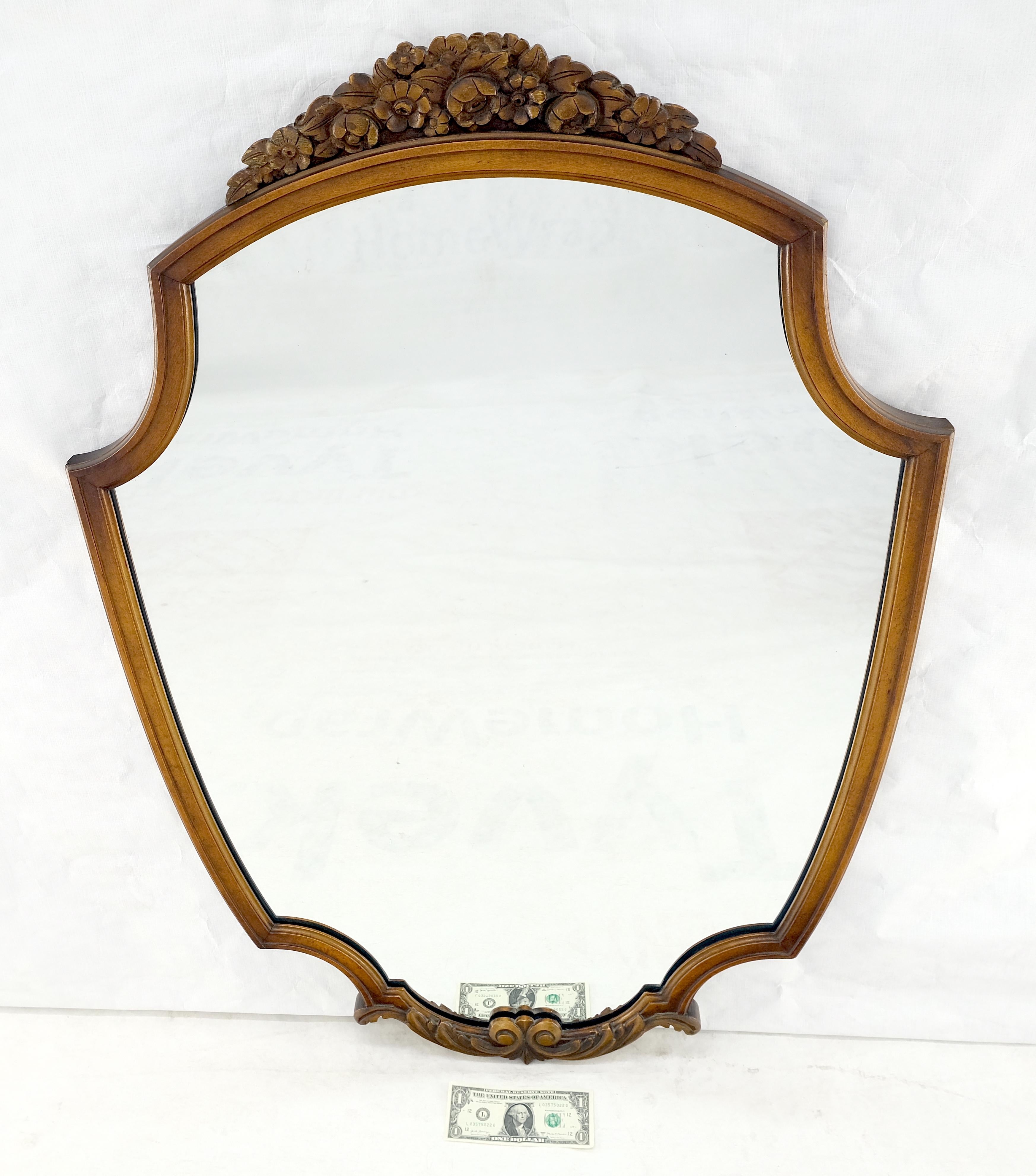 Fine Shield Shape Carved Light Walnut Mirror c1940s MINT! For Sale 2
