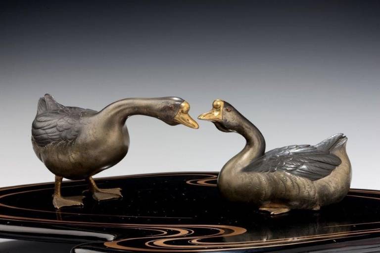 Japanese Fine Showa Period Okimono of Two Geese For Sale