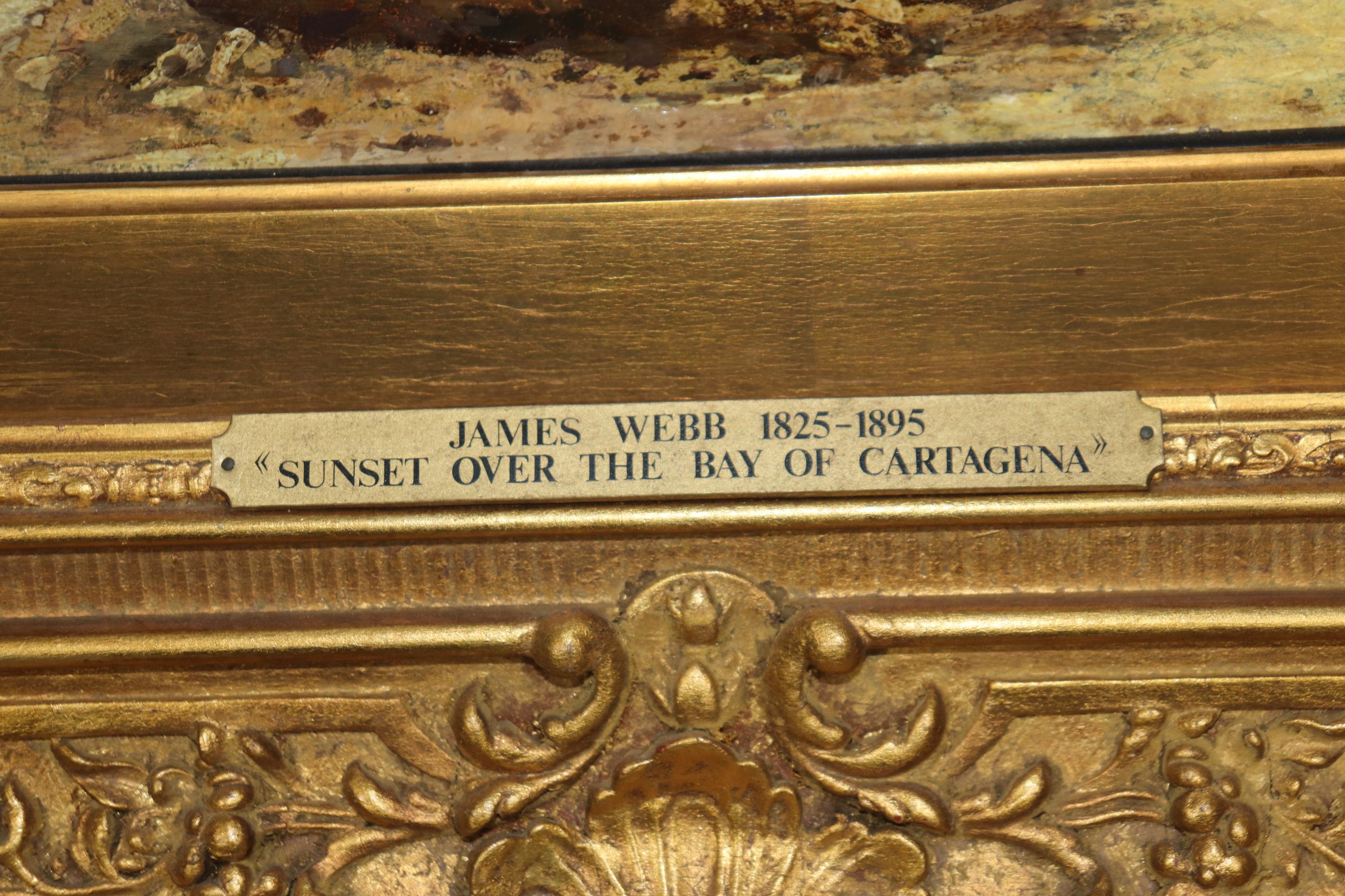 Fino óleo firmado por James Webb Marco dorado de Cartagena España Siglo XIX Lienzo