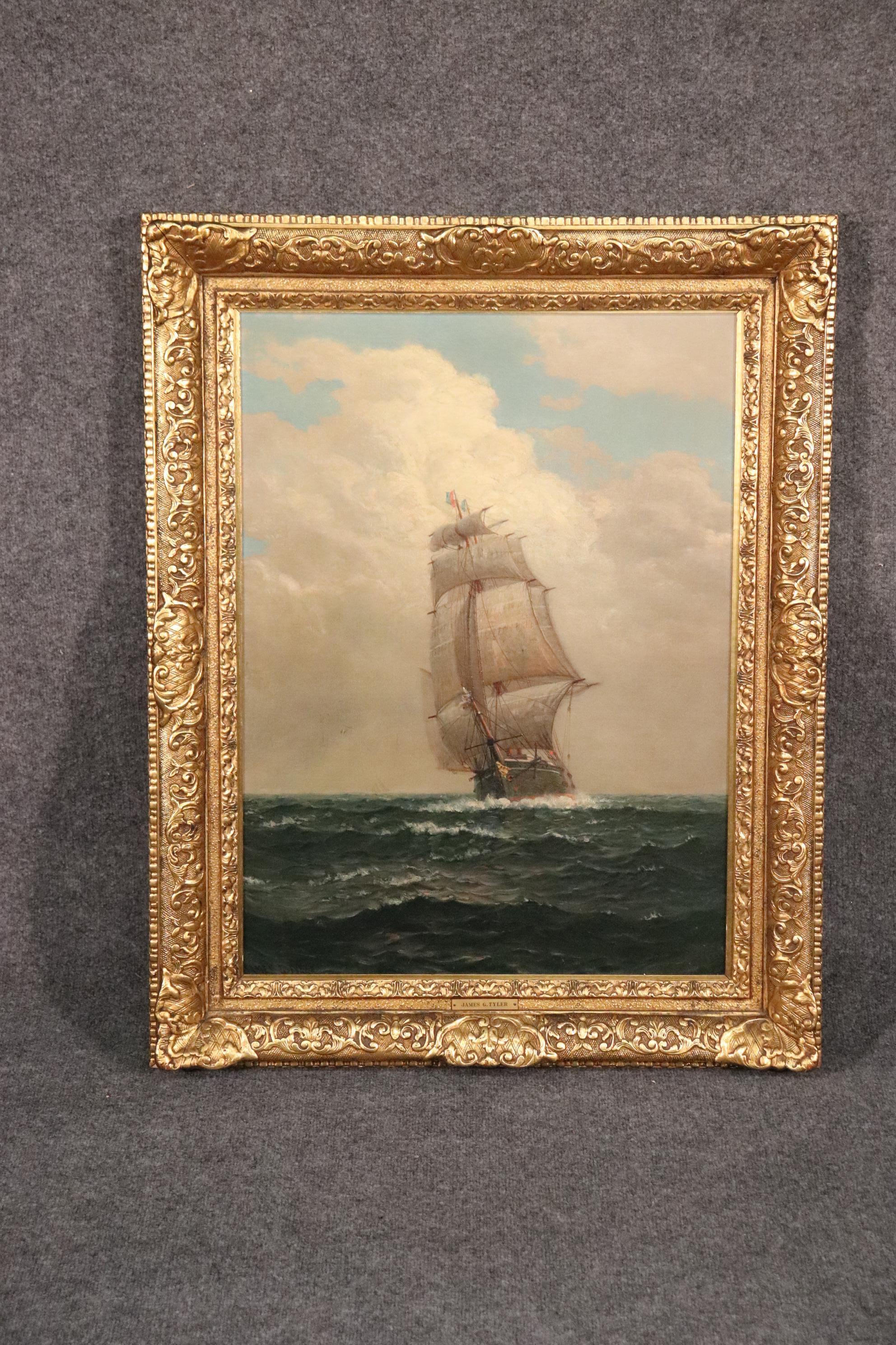 This is a superb quality painting of a tall sailing ship by James G. Tyler. This 19th century painting is masterfully done by the artist and the frame really adds to the quality of the painting as well. This is an investment grade painting to build