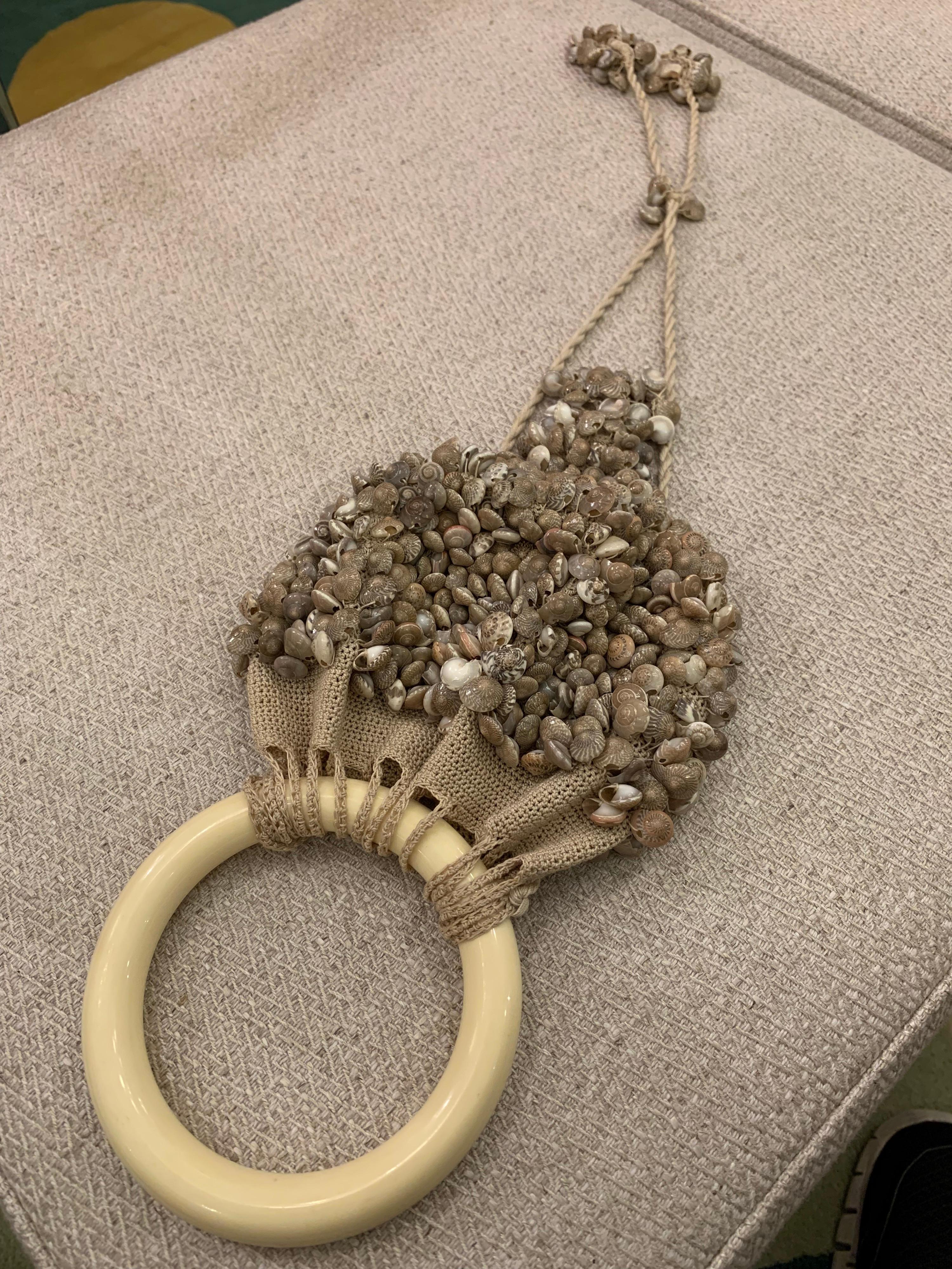 Fine Silk Crochet Wrist Handbag Covered in Micro-Shells 8