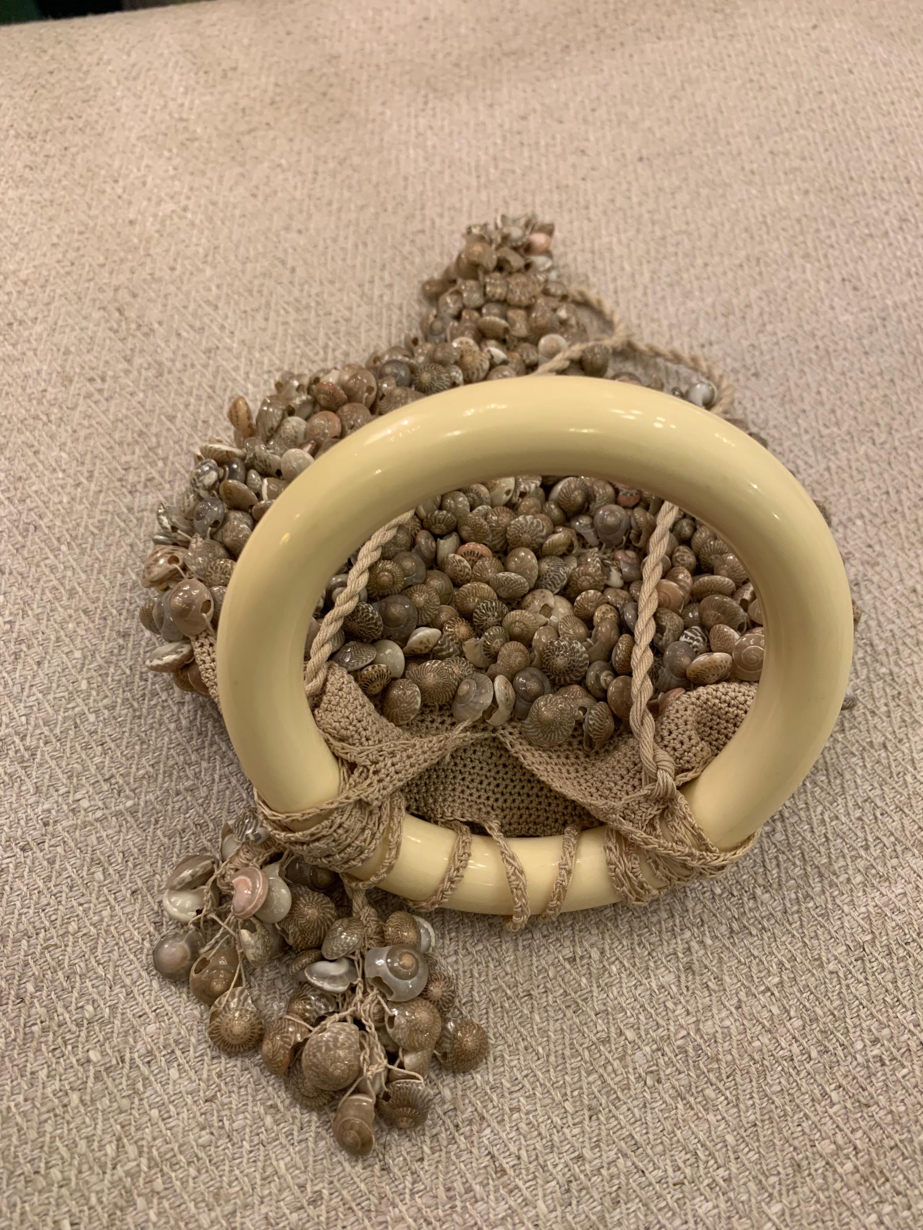 Fine Silk Crochet Wrist Handbag Covered in Micro-Shells For Sale 4