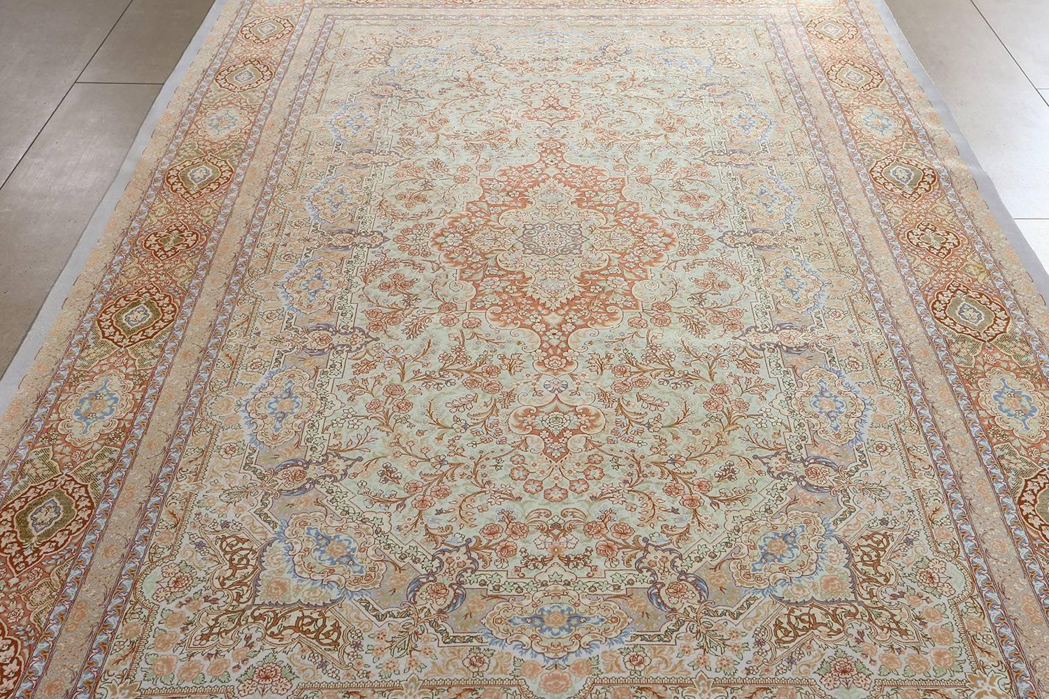 Hand-Knotted Fine Silk Vintage Qum Persian Rug.Size: 6 ft 6 in x 9 ft 11 in (1.98 m x 3.02 m)