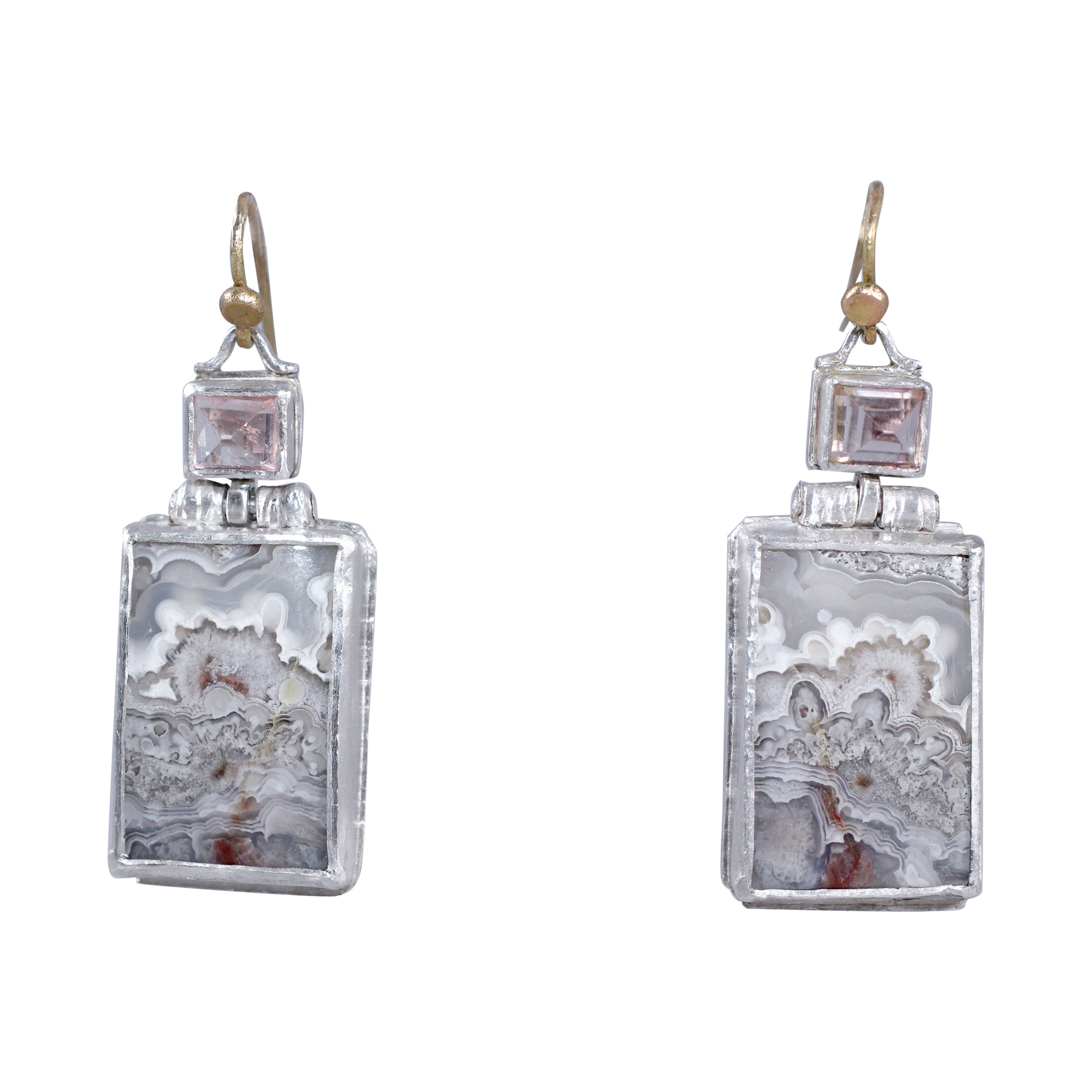 Fine Silver 14K Gold Agate TourmalineDrop Dangle Earrings Contemporary Handmade For Sale