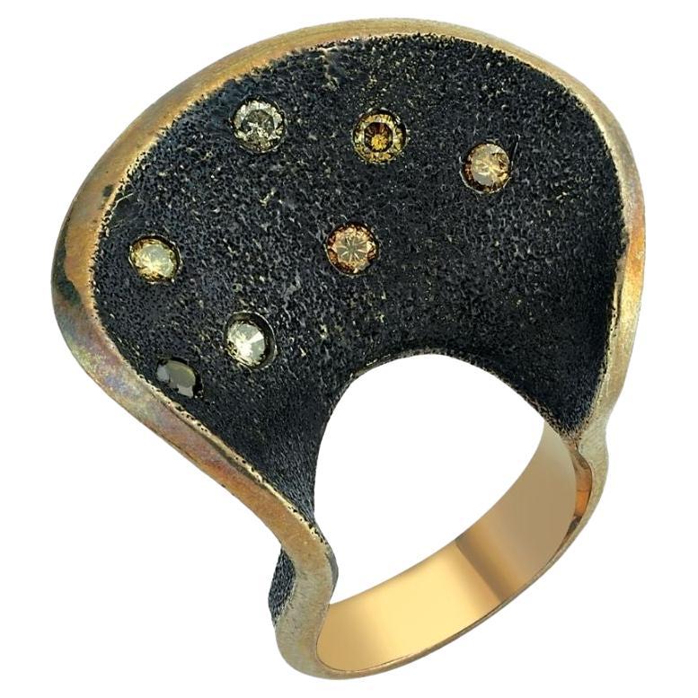 Oxidised Silver and 24k Gold Micron Plated Amorphous Ring with Champagne Diamond