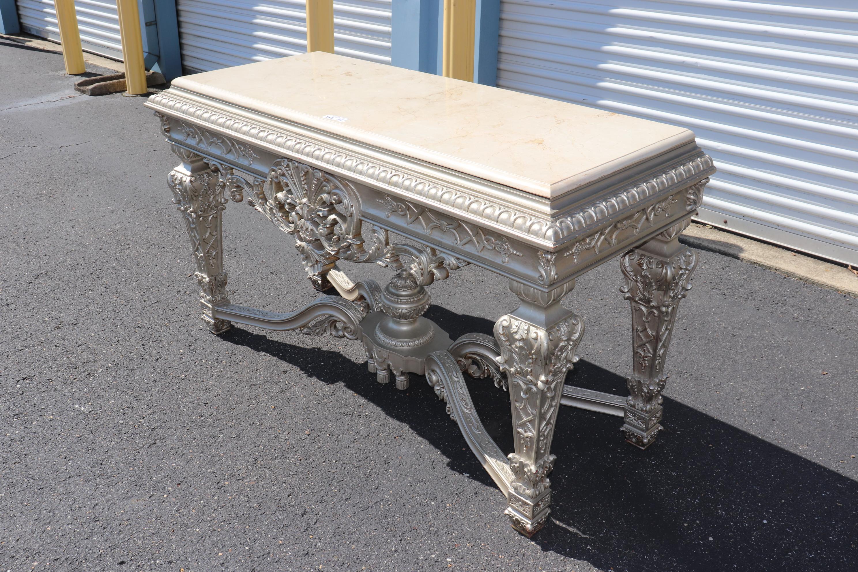 European Fine Silver Finished Marble Top Georgian Louis XIV Style Console Table