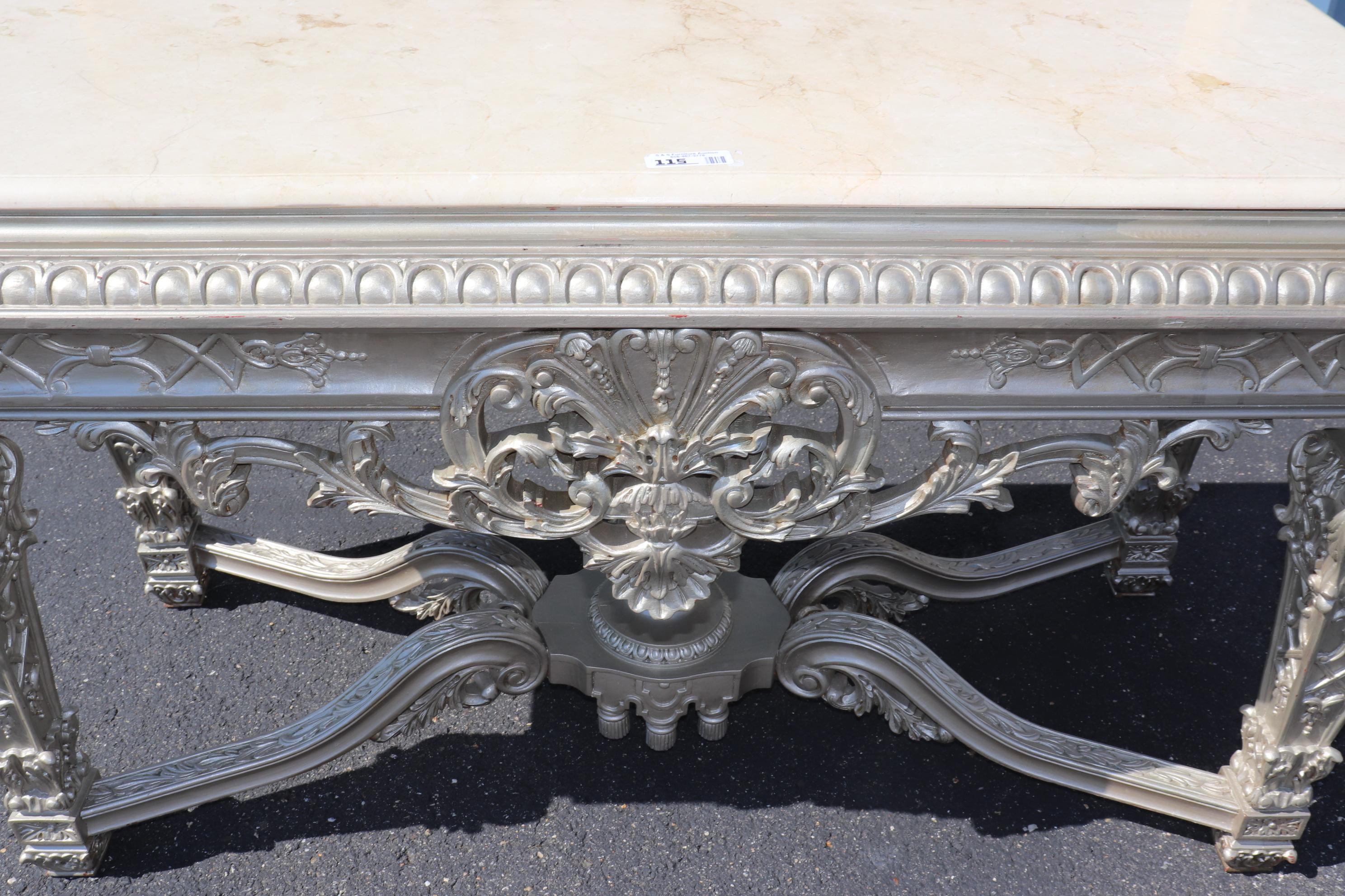 Fine Silver Finished Marble Top Georgian Louis XIV Style Console Table In Good Condition In Swedesboro, NJ