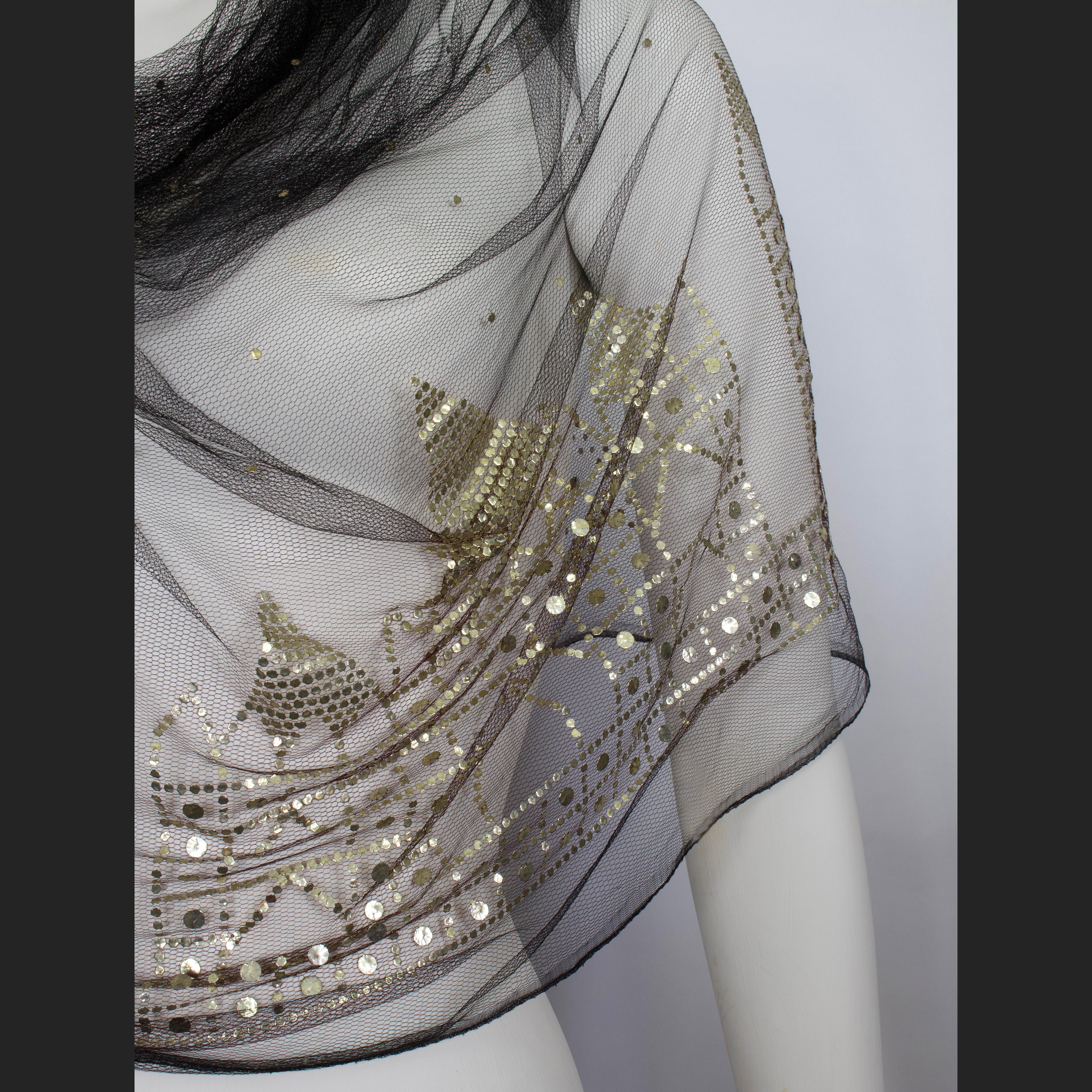 Mesh Tulle Shawl + Silver Sequin Details   In New Condition For Sale In KENT, GB